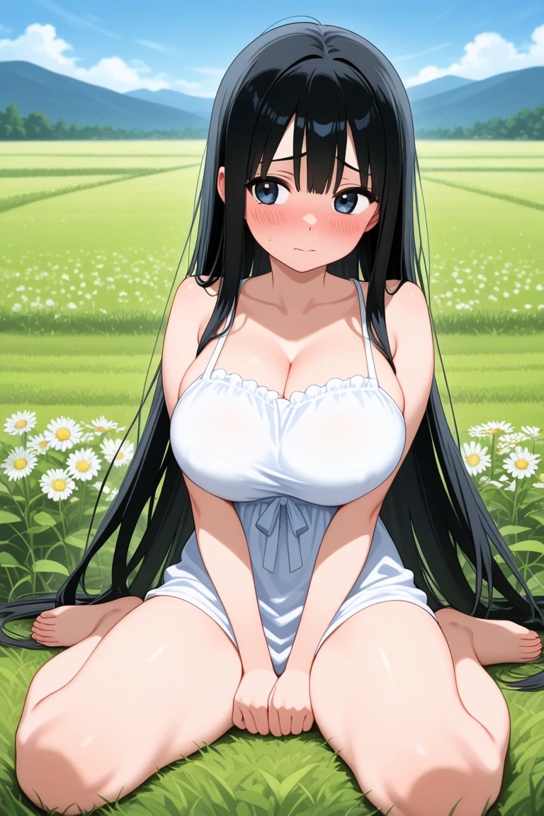 nsfw, 1 woman, black hair, very long hair, cute face, ideal ratio body proportions, blush, (((((hair over eyes))))), (curvy), (((large breasts))), (((large hip))), ((cleavage)), (((Straw hat))), (((White negligee))), ((Expressionless)), ((Close your mouth)), ((((multiple angle)))), (Rural landscape:1.5), (cowboy_shot), (((((spoken heart))))), (((looking down at viewer))), sex with one boy, cum in pussy, creampie, straddling on the boy, large penis, (((multiple angle))), ((32k)), ((best quality)), ((ultra high res)), ((HDR)), ((UHD)), ((extremely detailed CG)), ((unity 32k wallpaper)), ((perfect anatomy)), (((anime colored))), 