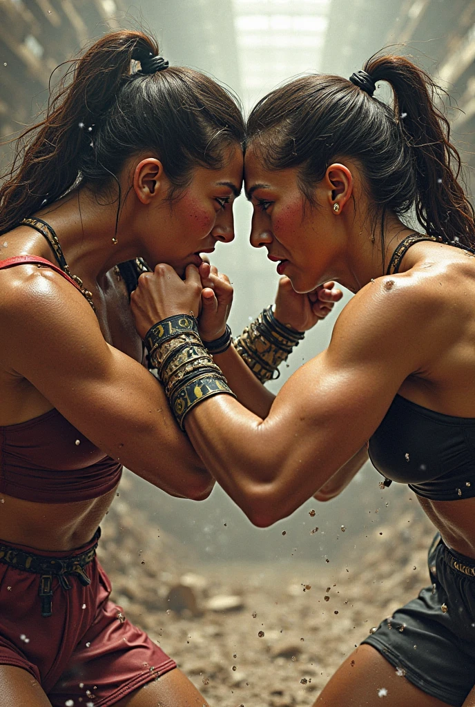 Two bollywood lesbian catfight hair pulling in mud full body in mud stare each other angry noses touching
