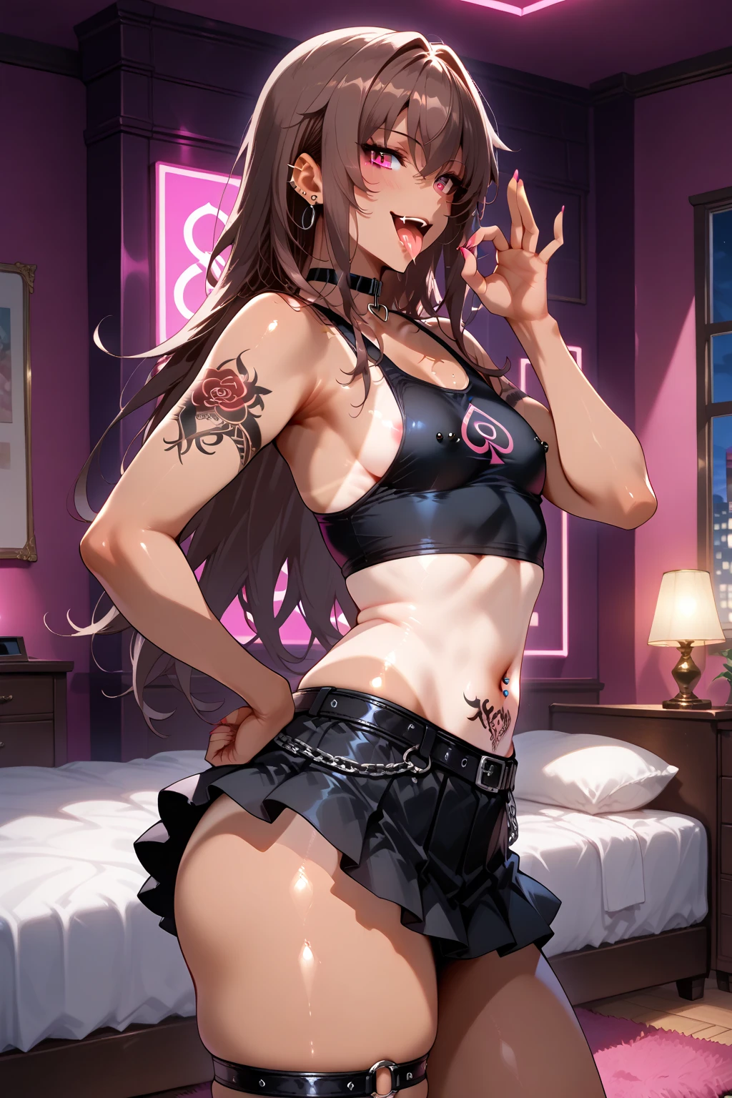 (masterpiece, best quality:1.2), 1girl, solo,standing_split, long hair, White sleeveless tank top,blue denim shorts, only naughty clothes, kimetsu no yaiba girl, croped, large naughty legs, slusty face, naughty nipples, piercing girl, goth makeup, old mom, milf apareance, lingerie girl