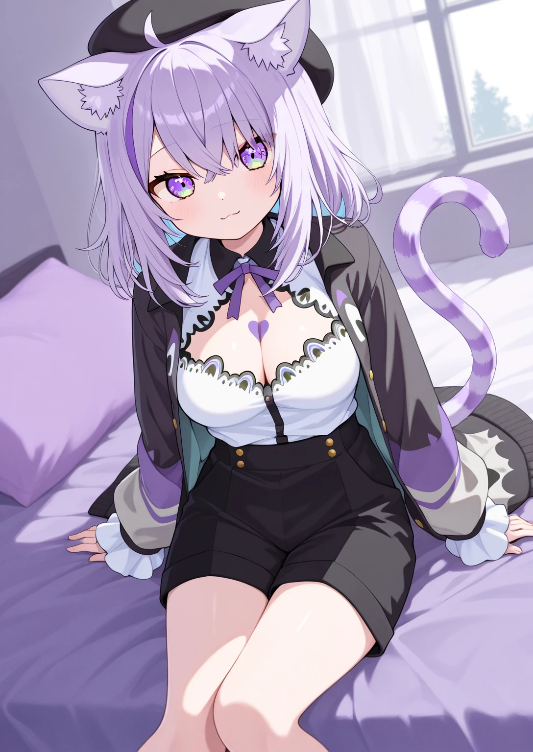 (best quality:1.2), (ultra detailed:1.2),(masterpiece:1.2),(8k:1.2),(aaokayu, short hair, ahoge, animal ears, cat tail, black collar, neck ribbon, purple ribbon, collarbone, cleavage, dress shirt, collared shirt, button gap, black jacket, open clothes),(Blessed,Captivating body、Ultra detailed hands、Ultra-detailed eyes、Ultra-detailed skin、ultra-detailed face,Detailed Background),One Girl、(bedroom,lie down,arms up:1.5),(ecstasy:1.5)