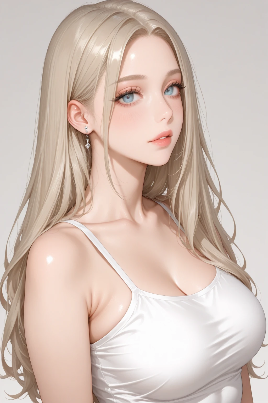 1girls,blonde hair,gigantic breasts,white shirt,huge breasts,blue eyes,gloomy face