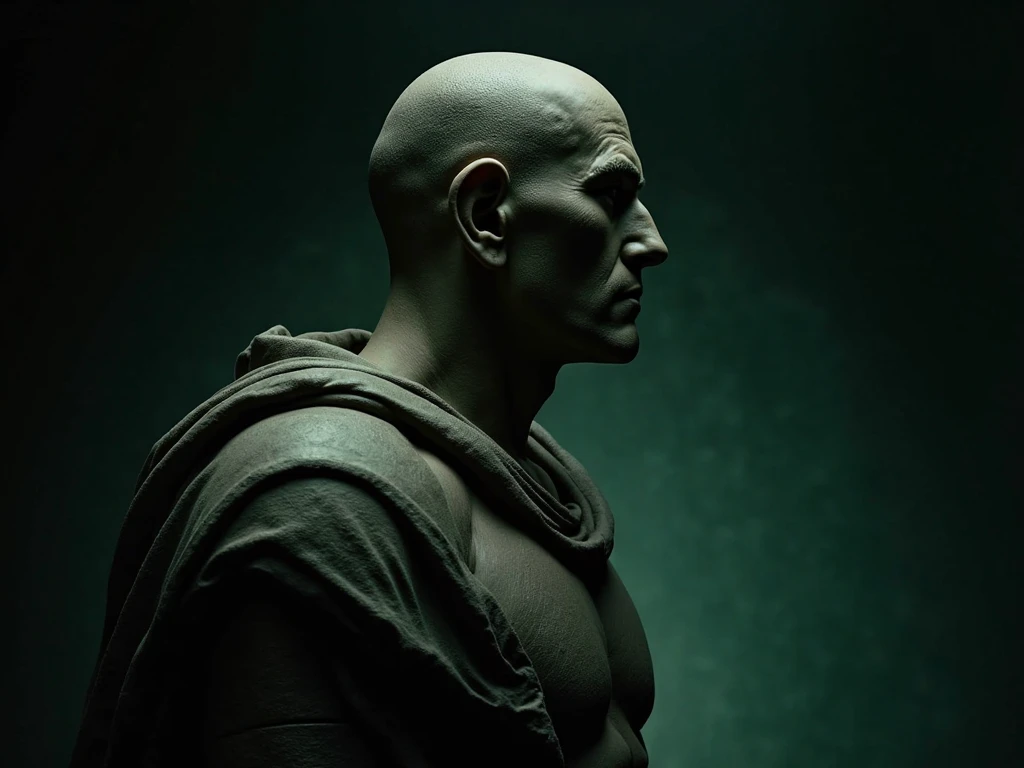 Masterpiece, perfect light and shadows, supernatural villain, human, strong, with cadaverous white skin, pale, detailed black eyes full of black shadows, earrings and piercings, mature, 50 years. Thin, withered lips. Wearing a black tunic (apparent hairless chest) richly embroidered and with stones, behind him is a hellish and hazy scenery, voldemort of nose, drax of pale white skin, whole body tattooed with pagan runes, illustration pb
