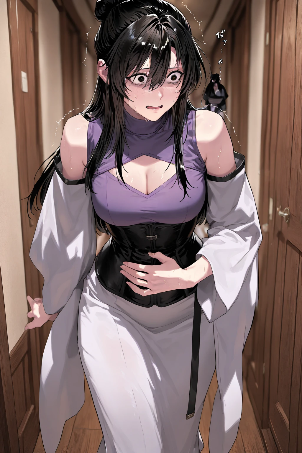 score_9, score_8_up, source_anime, 1girl, solo,The photo shows a young person standing outdoors, They are smiling and wearing a white t-shirt with a design featuring a rabbit and text, paired with a patterned purple sarong or long skirt and sandals. The background appears to be a garden or a green outdoor area..(bound wirsts), (arms behind back), (tapegag, tape gag), dramatic, (looking at viewer), (detailed pupils:1.3), ,red rope, thick rope,normal breast,full body ,long hair,black hair,ponytail hair, butterfly hair tie,POV grab breast