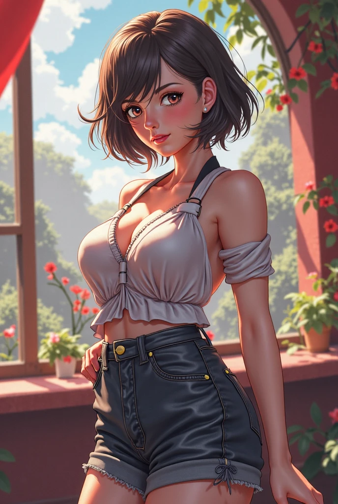((Masterpiece)), ((Best Quality)), ((highres)), ((UHD)), ((absurdres)), (1 girl), ((super detail)), ((high details)), ((dramatic lighting)), blushing, smile, green eyes, bob cut, bangs, black hair, short hair, choker, crop top, (black tank top), (black pleated mini skirt), gorgeous girl, huge breasts, cleavage, gorgeous body, glossy skin, vivid colors, full body shot, ((sharp focus)), outdoors, standing up, green grass field, feminine, shy, ((anatomically correct)), ((award winning)), ((arms behind back)), navel, seductive, alluring, sexy, perfect face, perfect female figure