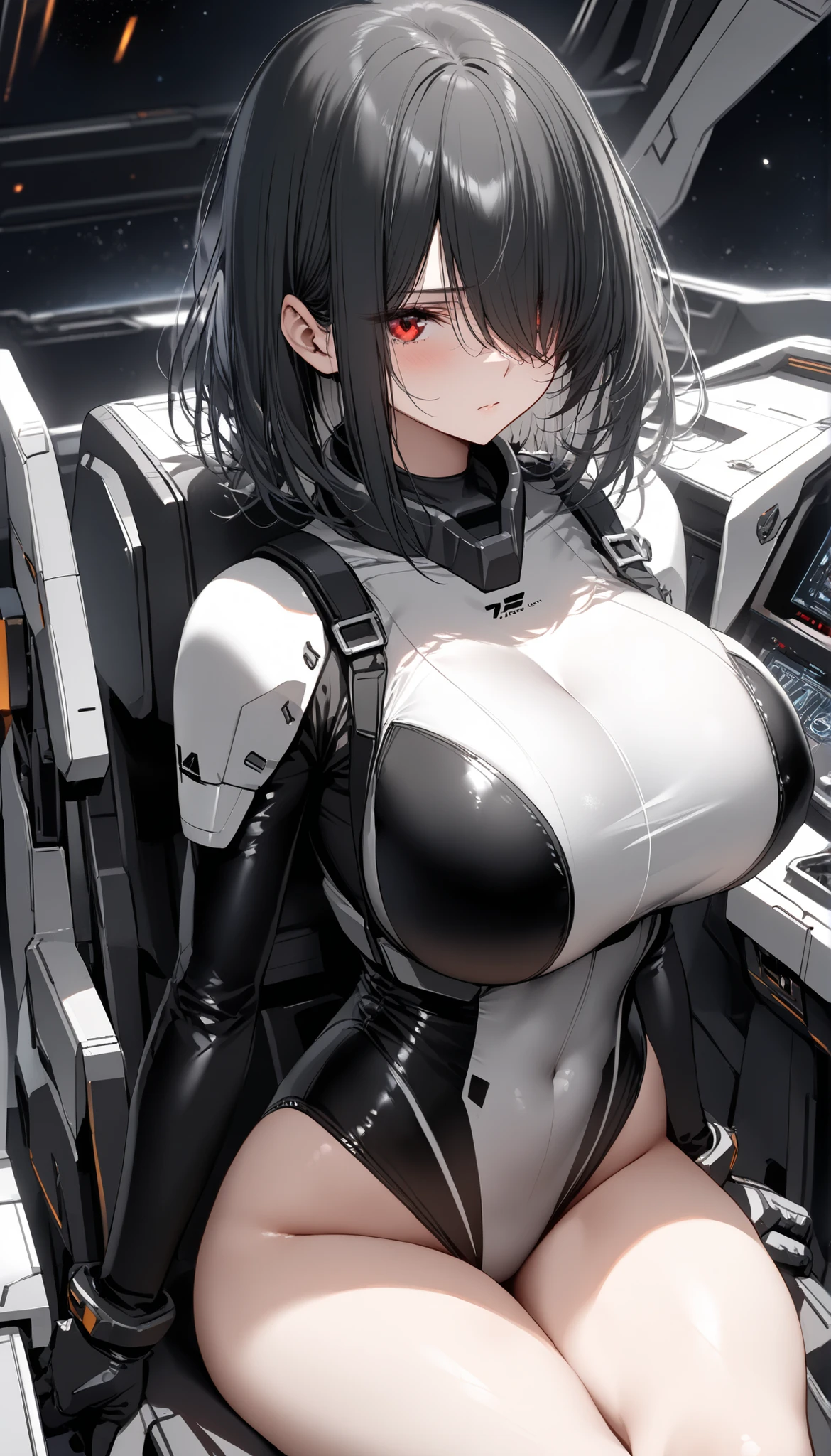 masterpiece, best quality, extremely detailed, Japaese Cyborg girl,Plump , control panels,android,Droid,Mechanical Hand, Robot arms and legs, Black hair,Blunt bangs,perfect robot girl,long tube,thick cable connected her neck,android,robot,humanoid,cyborg,japanese android woman ,future laboratory,connecting a cable between the legs,hotpants,darkblack knee high socks,