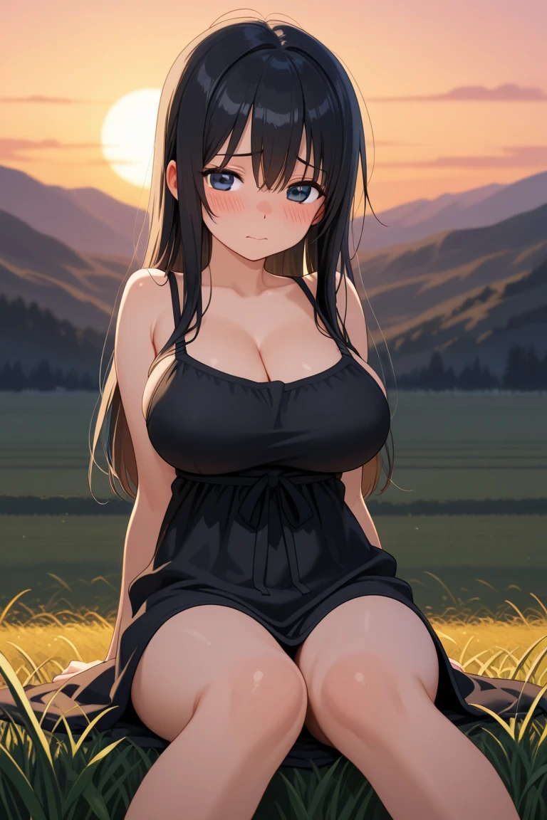 girl, big breasts and thighs, black long hair, naked, serious face, in a park