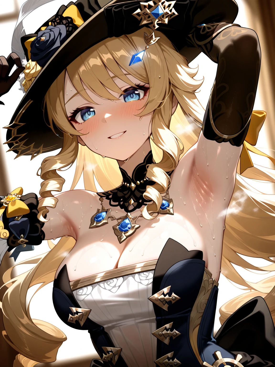 ,,Pov, paizuri, 1girl, 1boy, , , paizuri, penis between the breasts, cleavage, navia , beautiful breasts, naughty face, lewd , seductive face, sexy face, hat, sweat, pubic hair, lipstick, eye makeup, navia, bikini, beach, breasts, summer, blue sky