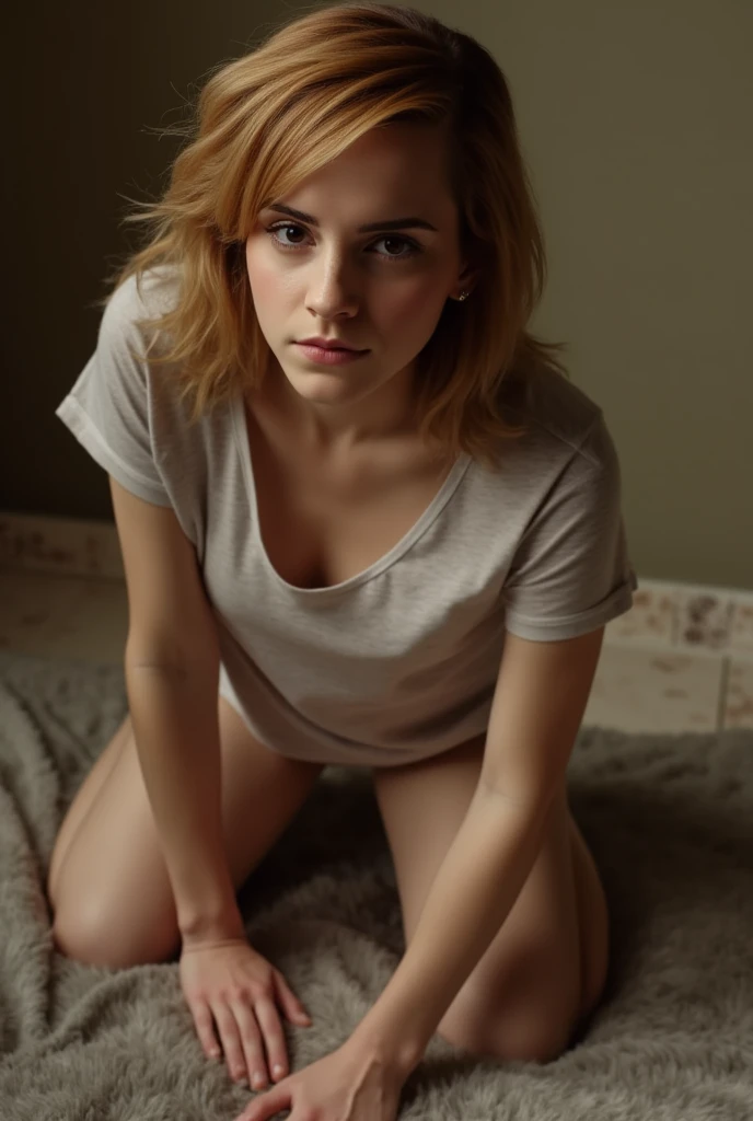 Masterpiece, best quality, (very detailed CG unity 8k wallpaperest quality), (best illustrationest shadows), 25 years old girl, blonde hair, face perfect, wet t-shirt, thong, inside photo studio, blurred background, Film Lighting、Dramatic light, photo from front, leaning forward to the camera