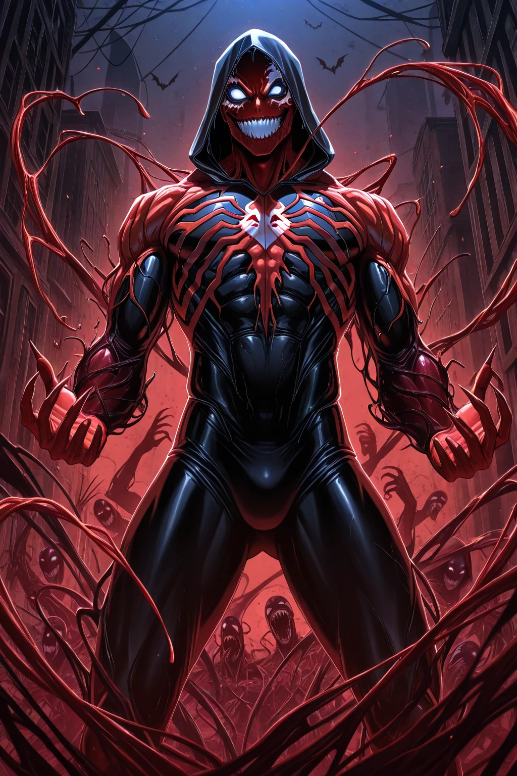 carnage,a formidable supervillain,symbiote,bloody,psychopathic,unstoppable,mad,sharp teeth,epic composition,dramatic,gloomy,realistic detail,realistic hyper-detailed rendering,realistic painted still lifes,insanely intricate,<lora:add-detail-xl:1.6>,Roger Deakins Style <lora:Roger Deakins Style:0.8>,<lora:lora-bloodyface-lite:0.7>,by diegocr,exoskel <lora:Exoskeletal_Echos:0.6>,ais-sinisterz <lora:Sinister_Style_SDXL:0.5>