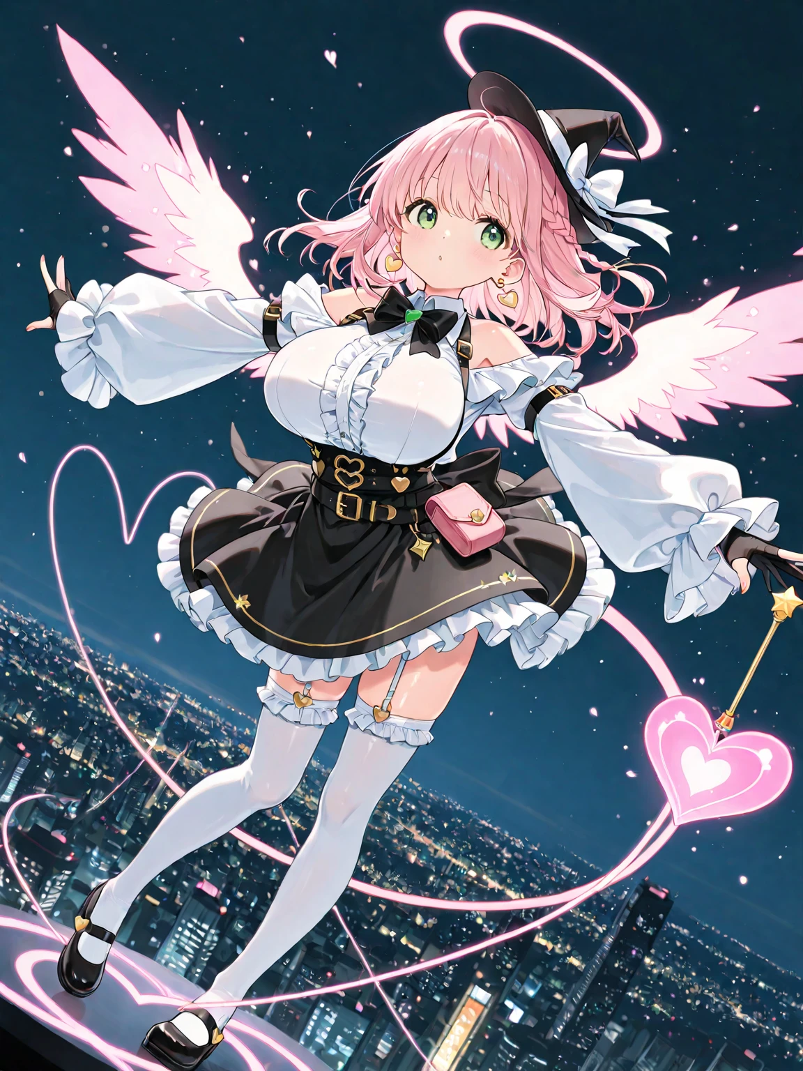 ((Highest quality)),(Ultra-high resolution),(Very detailed),(Detailed Description),((The best CG)),(A masterpiece),Ultra-detailed art,Amazing painting art,(Works with precise details:1.5), (1 female:1.6),(Beautiful and well-proportioned face:1.5),(Curly Hair:1.6),(Intricately detailed lace dress:1.9),Fine jewellery with exquisite detailing:1.5,Waist Accessories:1.5,Look at me and smile:1.5, See-through nipples, Angel Girl, ((Magnificent white angel wings on his back:1.3)), Mature Woman,Descended into the church,(Pastel colored hair:1.3),(Red and black long high heel boots:1.4), (garter belt), (stockings)、 (Floating in the sky with magical powers:1.2),(Floating skirt:1.5), (Embarrassed expression, blush:1.2),(bracelet),(heart choker)