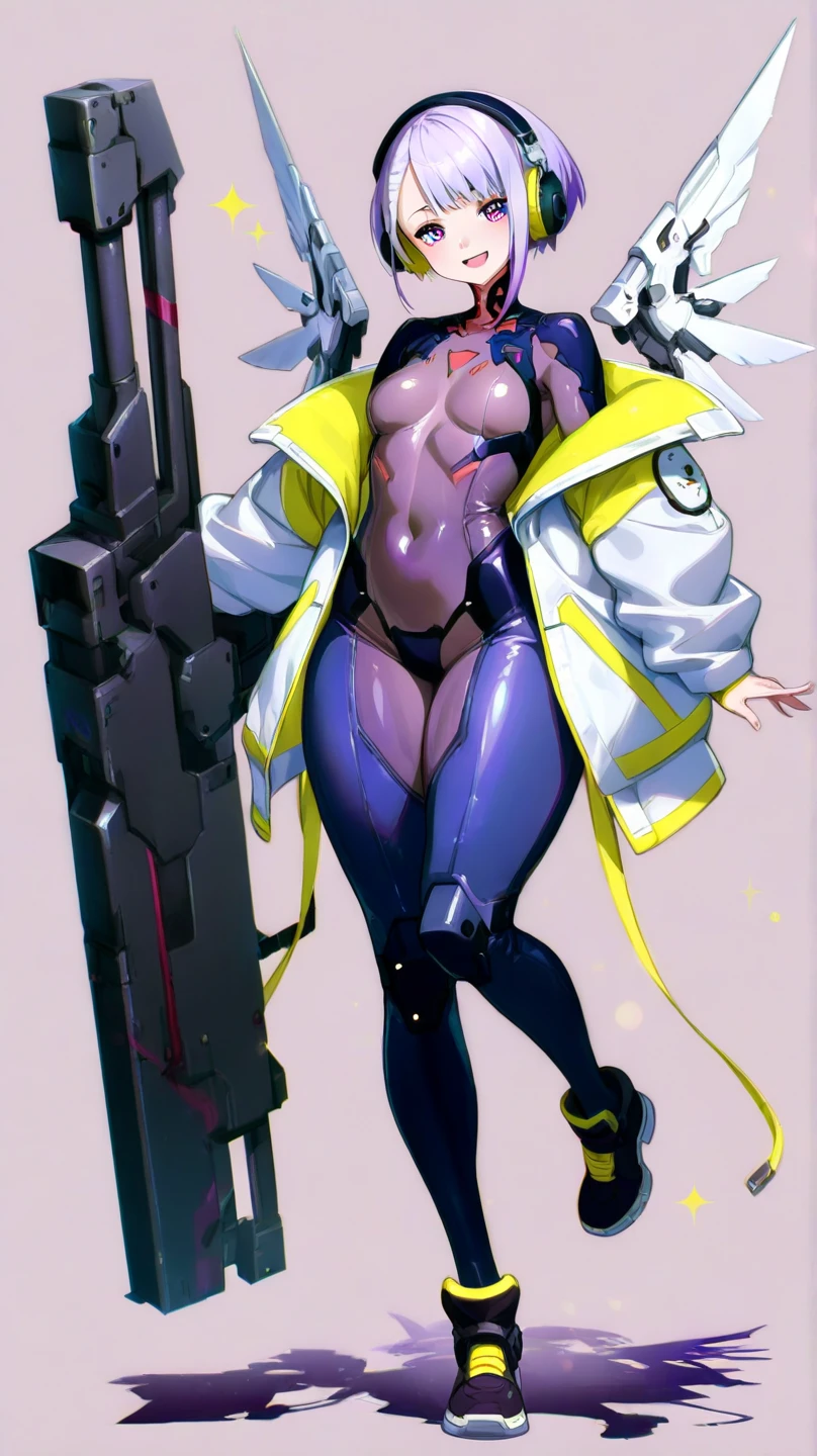 Cammy White from Street Fighter, 30 y.o. woman, ((1girl)) full body, full body standing straight symmetrical looking to the viewer, view from below, mature MILF BIMBO albino skin blonde short bob haircut, detailed happy face, purple eyes, white silver hair, abs, navel, big knockers, golden chain collar, stomach tattoo (red tattoo), hands on hips, wide hips, long legs, thick thighs, full body gantz suit armor torn apart, red gauntlets