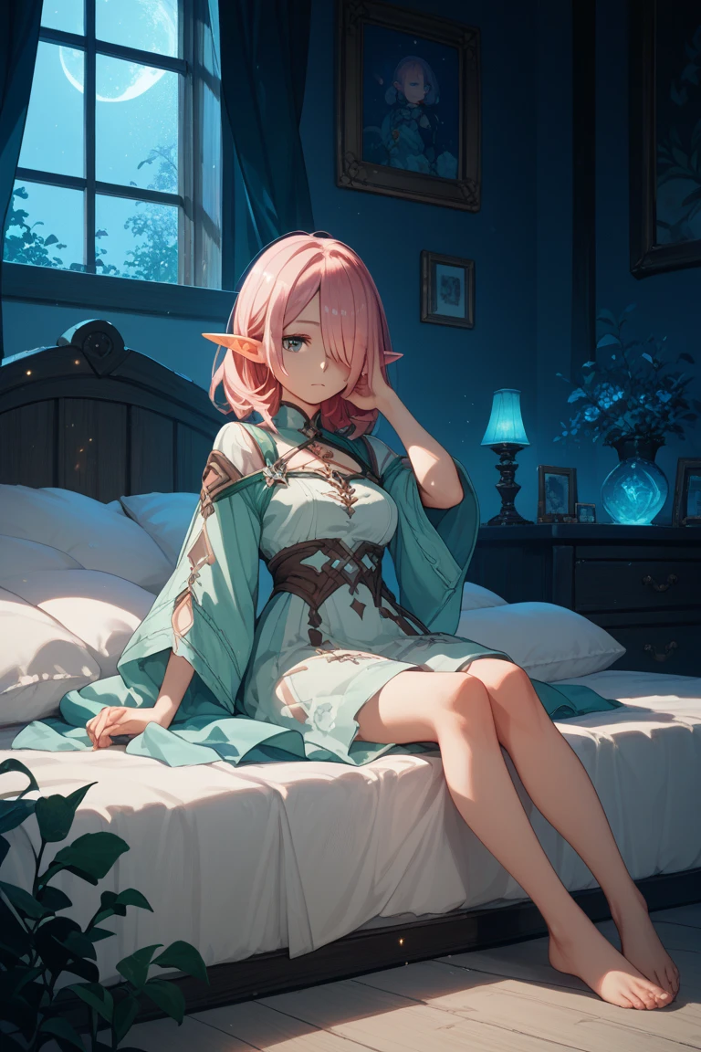 ((extremely detailed 8k illustration)), highres, (extremely detailed and beautiful background), ultra detailed painting, professional illustrasion, Ultra-precise depiction, Ultra-detailed depiction, (beautiful and aesthetic:1.2), HDR, (depth of field:1.4), colorful, vivid, beautiful detailed glow light particles, intricate:1.4, <lora:GoodHands-beta2:1>, nice hands, perfect hands, (girl), (elf), noble, (highly detailed beautiful face and eyes), pale skin, parfect body, thighs, large breasts, big areola, pink eyes, pink hair, long hair, straight hair, long skrt, thin pubic hair, oily skin, cute, sexy, impressionable, (Off-the-shoulder blouse with fitted pants and knee-high boots), The inn is filled with warm fires and bedding to soothe the weary adventurers. The beds are comfortable and the stars in the night sky shine through the windows. Luggage is scattered about and the armaments of the guests hang on the walls, leering, Fake smile, temptation, midnight,