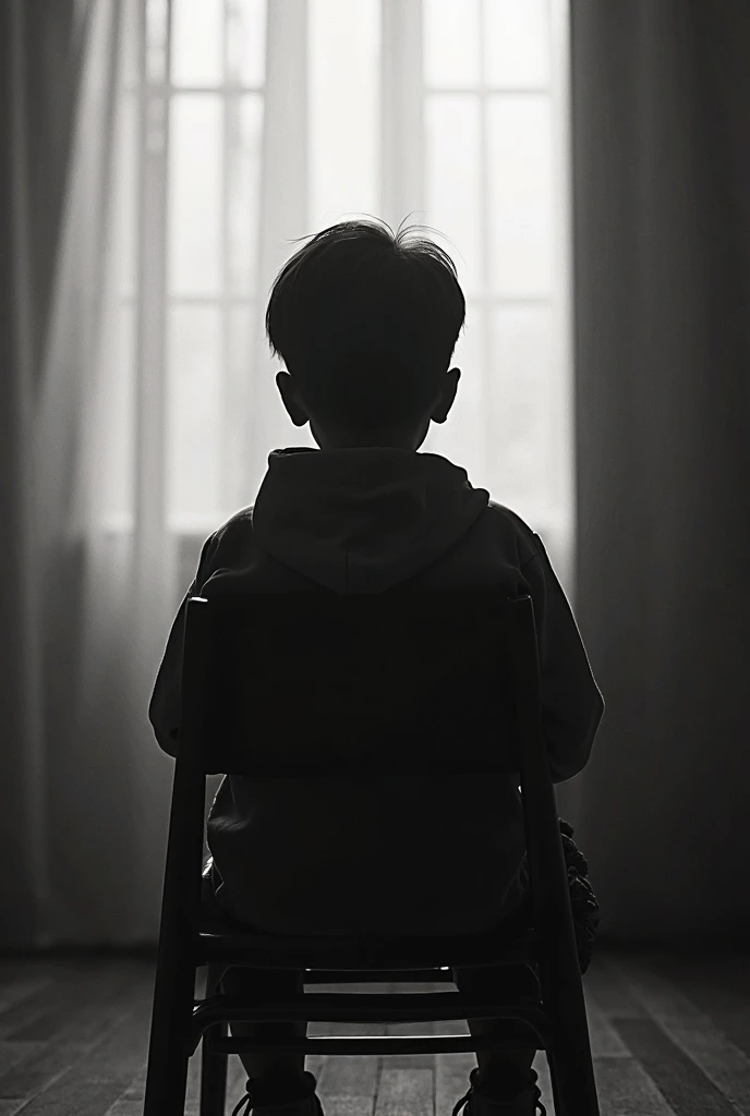 A boys is seating on a chair alone in the dark room the sun layers coming through window's black and white
