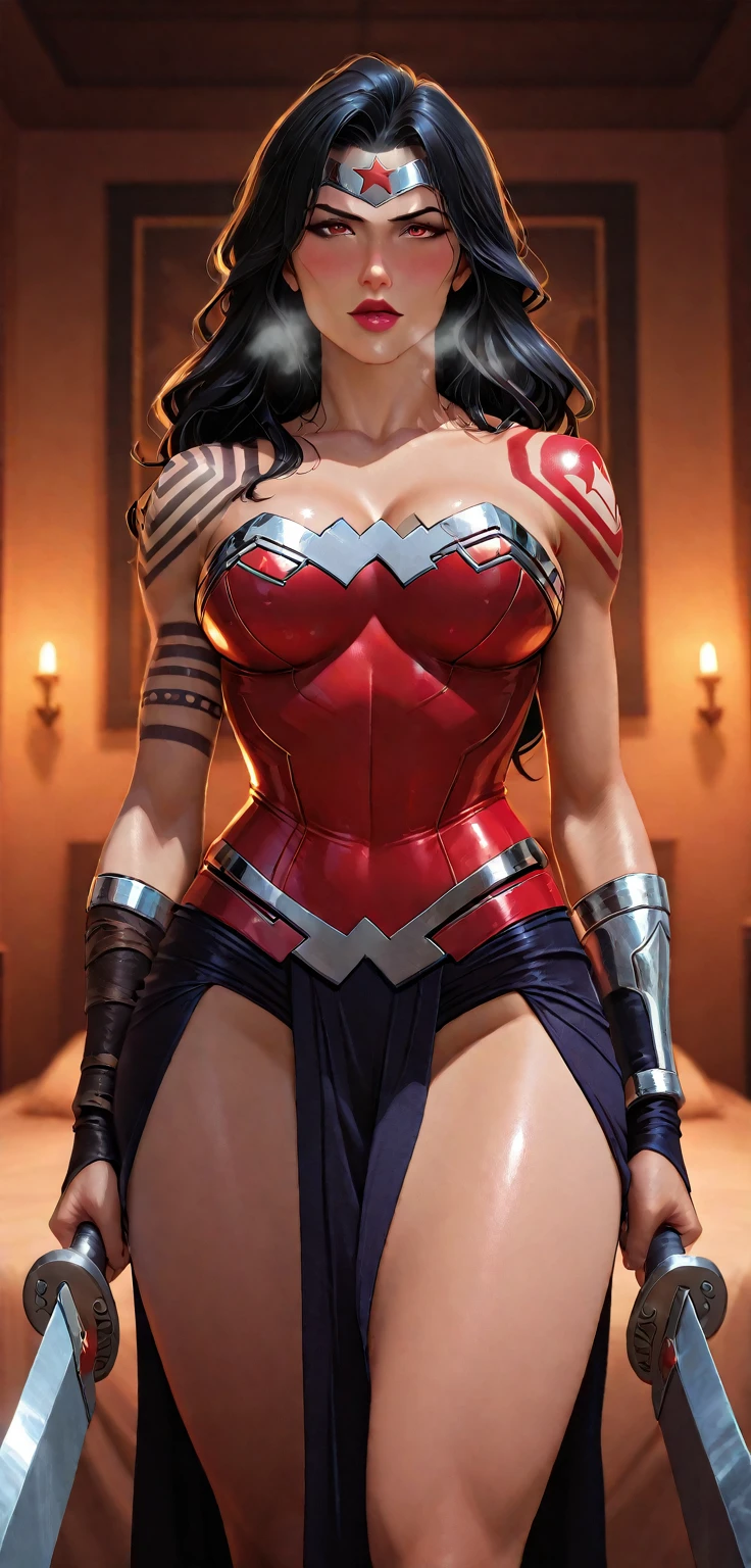  full body shot, dramatic angle, bondage, superheroine, named crimson bullet, she was captured, ((rough rope wrapped around chest tighten up2.5)), static restrained, ((arms behind back 3.5)), rope bind, tethered to a horse, pulled by horses, cuffed, collared, taken to prison, walking on the rope,cruelly, painful, helpless, humiliating, regrettable, being whipped, (made to walk), taken to jail, dragged roughly, collar pulled by chain, she remains tied up. ((rough rope wrapped around chest tighten up2.5)), static restrained, ((arms behind back 3.5)), Sweating, eyes closed, wind strong, hair blowing in wind, (Desert under the scorching sun, the sun shines), Bondage, she wears a form-fitting (red bodysuit) (sleeveless) that accentuates her athletic figure. The bodysuit has gold accents, a star emblem on the chest, and intricate designs on the shoulders, hips, and thighs. The suit's material has a metallic sheen that reflects the surrounding light, emphasizing the futuristic theme. Her hair is shiny black and very long has well-groomed waves. She wears long red metallic gloves and matching (red thigh-high boot)s, both decorated with gold trim. A futuristic gauntlet is worn on her right arm