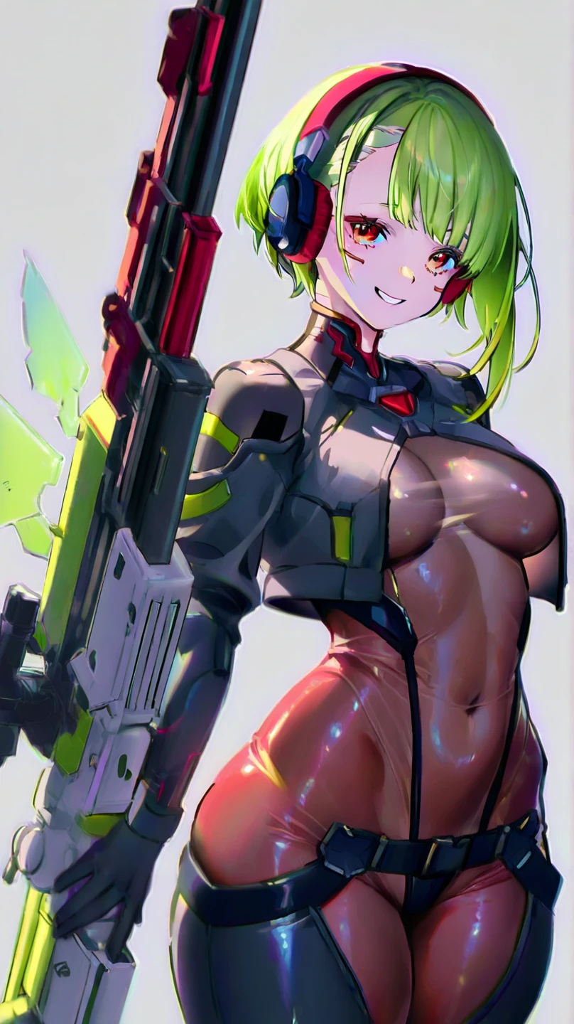 1girl, large breasts, green hair, very short hair, short hair, yellow eyes, bikini, black bikini, neon trim, green neon trim, smile, smirk, smug, futuristic, science-fiction, tech, machinery, shoes, sneakers, green neon trim, green trim, full body, black clothes, hihgleg