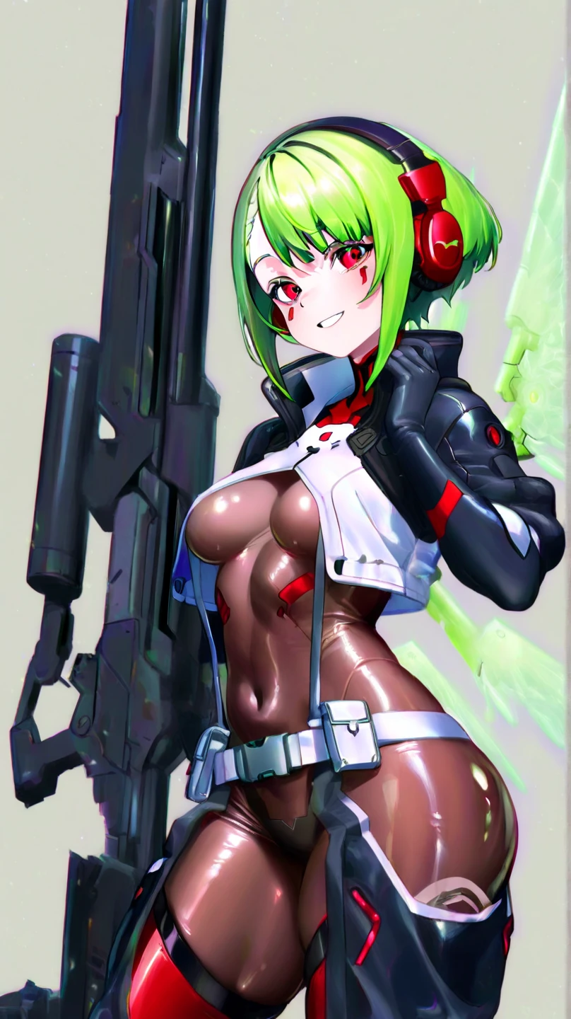 Time Gal, a woman with long green hair, wearing a tight short solid-red vest with a low neckline, solid-red bikini bottoms and tall white boots, a laser gun holster around her waist, alone, standing with her hand on her hip, cleavage, breasts party visible, inside a space station interior, in full view in high detail