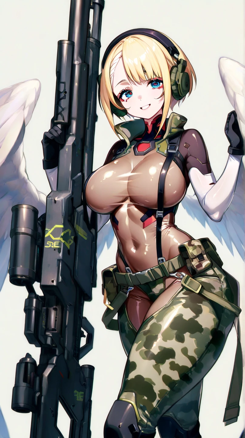 score_9, score_8_up, score_7_up, source_anime BREAK 1girl, <lora:maxwell-nikke-richy-v1_pdxl:1> solo, standing, maxwell, blonde hair, short hair, sidelocks, blue eyes, visor cap, bandaid on face, headset, earrings, choker, white sports bra, cleavage, large breasts, armband, navel, gloves, mechanical legs, outdoors, post-apocalypse, looking at viewer, huge weapon, weapon, sniper rifle, gauss_rifle, kneeling, full body, science fiction