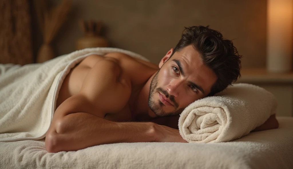 A handsome man in a bed with no clothes on and a huge penis full of semen