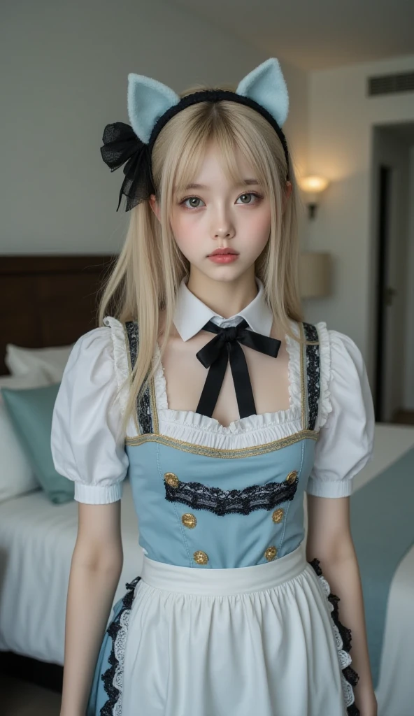 (Tabletop, Highest quality:1.2), 8K, 85mm, Official Art, RAW Photos, Absurd, Platinum Blonde Hair, (blue eyes, Lolita Fashion, Sweet Lolita, Gothic, dress:1.2), Idol&#39;s face, Upper Body, beautiful girl, Gardeniass, Copenhagen, Short sleeve, grace, Sophisticated, Gardenia, View your viewers, Film Grain, chromatic aberration, Sharp focus, Face Light, Dynamic Lighting, Cinema Lighting, Detailed face, Bokeh Background