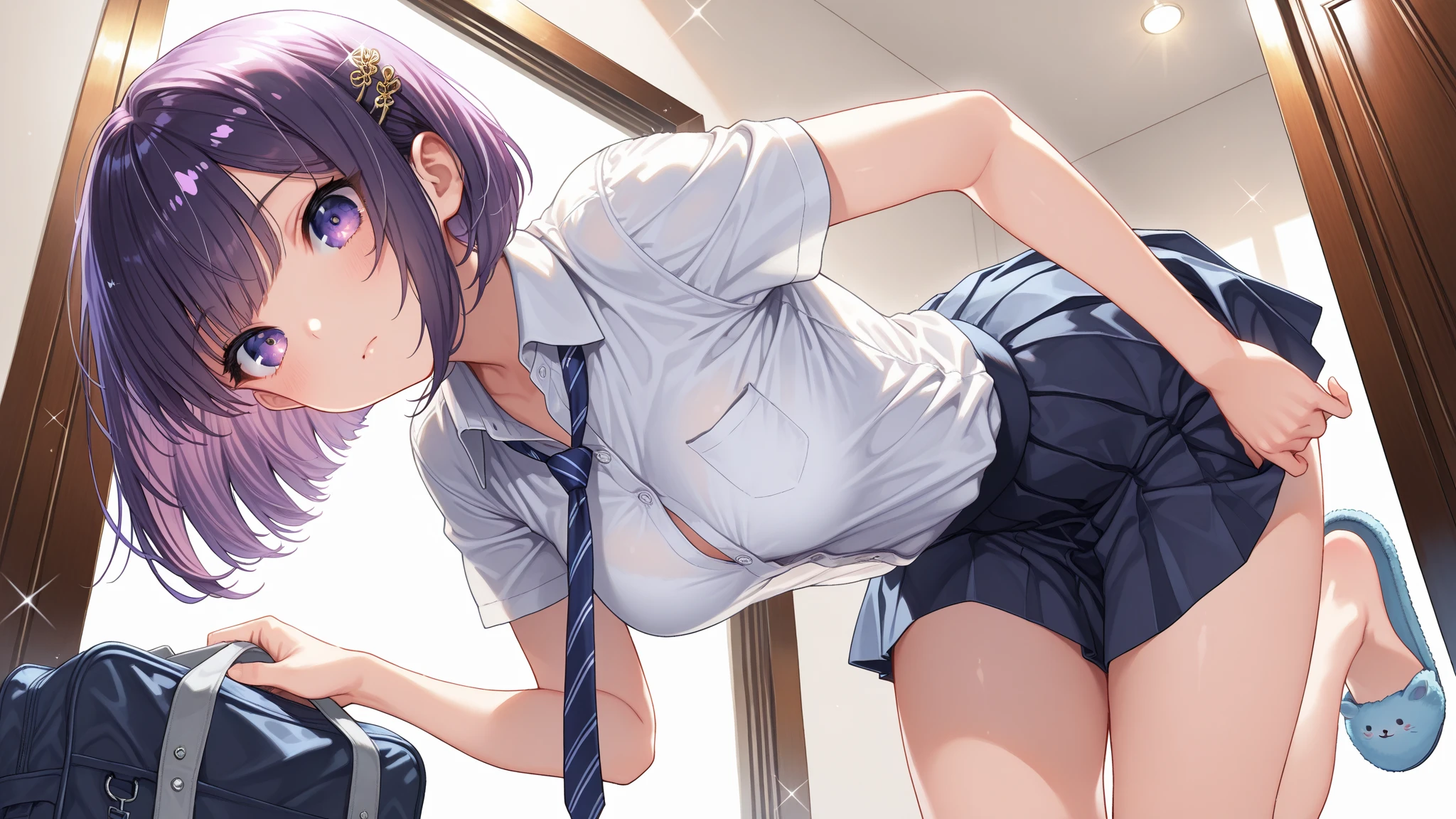 (Very detailed CG Unity 8K 壁紙),(masterpiece), (Highest quality), (Very detailed), (Best illustrations),(Best Shadow), Detailed underwear、Realistic textured underwear、Angle from behind、Large Breasts,16 years old,Purple eyes and short purple hair,Tennis Wear、skirt、Sweating、Wiping sweat with a towel、