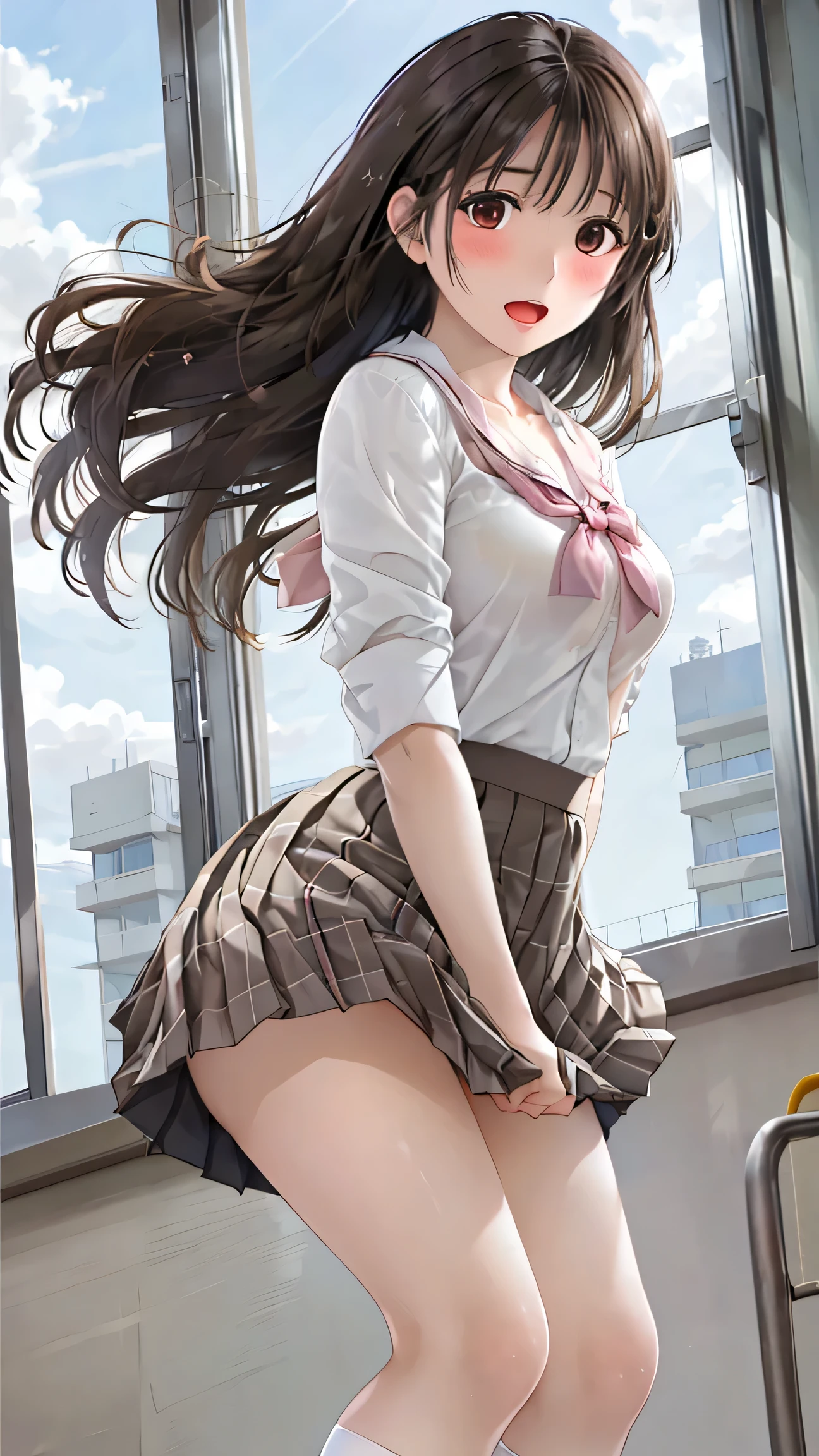 ((masutepiece, Best Quality, hight resolution, nffsw, Perfect Pixel,  4K, nffsw, nffsw))), 1girl in, Single, Solo, Beautie、full body seen、 ((Middle Wave Hair, Bangs, Brown hair)), ((Brown-eyed, Beautiful eyelashes, Realistic eyes)), ((Detailed face, Blushing:1.2)), ((Smooth texture:0.75, Realistic texture:0.65, Photorealistic:1.1, Anime CG style)), medium breasts, Dynamic Angle, Perfect body,  ((red bowtie, School uniform, , White shirt, Black skirt, plaid skirts)), City staircase、Looking up from the bottom of the stairs、Very embarrassing panic smile、Open your mouth and make a surprised face、 turned around、bending forward、(The wind flipped my skirt and exposed my butt.............................、stick out your butt、Touching the buttocks with both hands、White lace panties)、