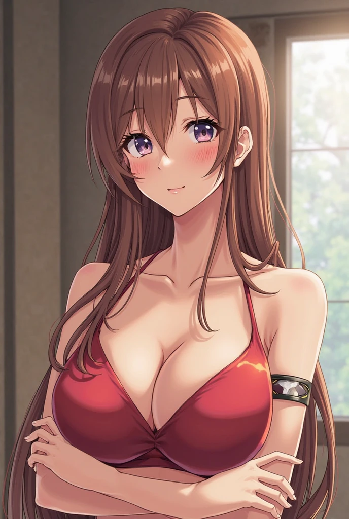 (((orange bra))), Very detailed、highest quality、Best image quality、masterpiece、8k、Anime Face、A kind smile、Open Mouth、(brown middle hair:1.5)、big breast, sexy、 beautiful body 、Cowboy Shot, Sexual Intercourse, ((yellow eyes)), hotel bedroom, ((( Jeans)))