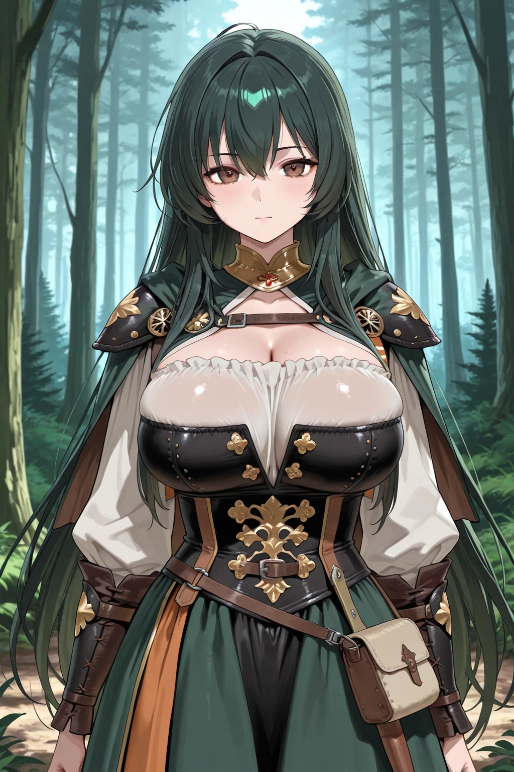sexy orc girl green skin robust athletic body, rustic methal and leather armor, in a cave, torches lights, confident expression, black messy hair, big breasts, cleavage, skindentation, leaning over a rustic strategy table, hands on table