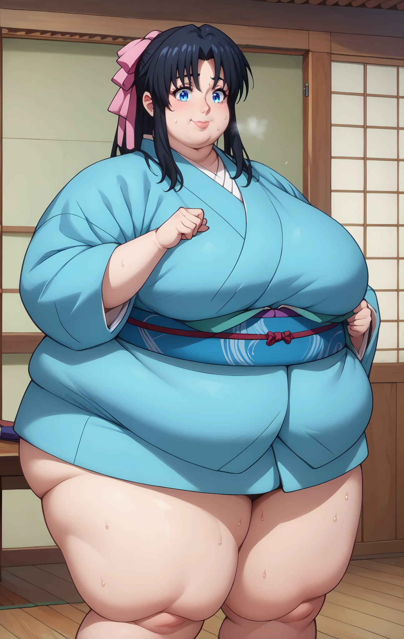 Kaoru Kamiya, Kaoru Kamiya, long hair、 pink barrette ribbon、bangs、blue eyes、Black Hair、 light blue kimono 、Navy blue Kimono obi , kimono,,gigantic breasts,enormous breasts,Sloppy belly fat,Japanese-style room, thighs, sweat, spread legs, huge breasts, thick thighs, curvy, mature female, fat, chubby, obese, standing up, round face, fat face, smiling, fat lips, 