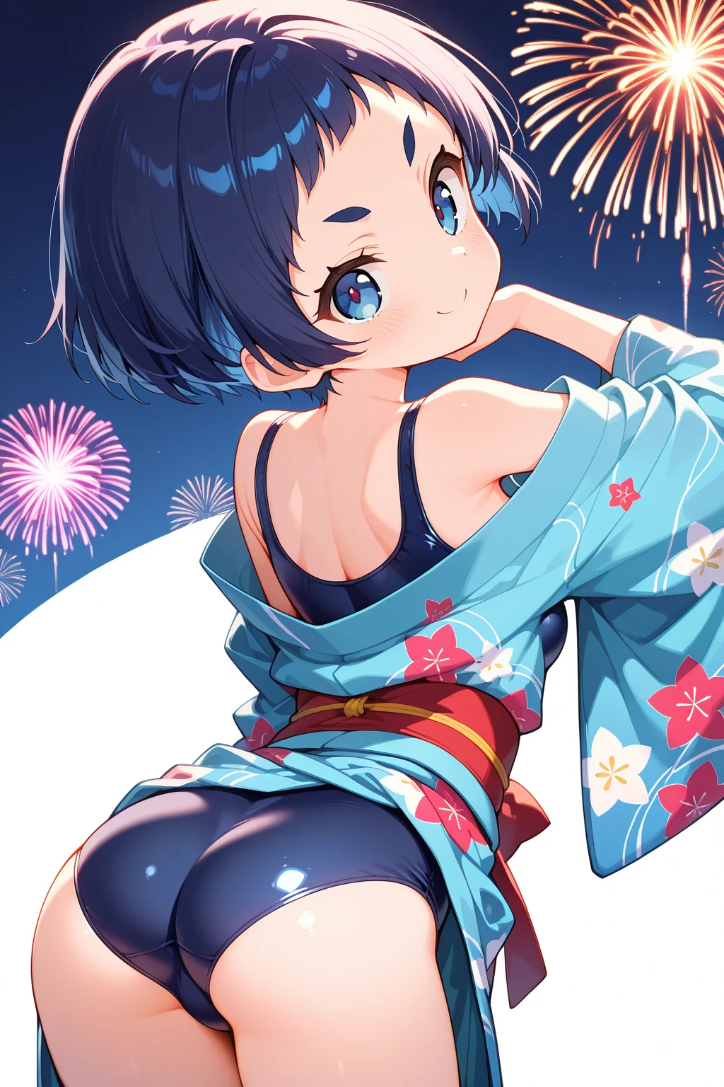 nsfw, (masterpiece, Highest quality, 8K ultra-high resolution:1.4), 14yo, kawaii, nsfw, Pokemon Riko, Down blouse, Cute Bra, White panties, (Navy blue frilly yukata, Frilled underwear, night: 1.4), (Summer festival), ((turn around)), Beautiful Eyes,Flash photography, Backlight, ((Spread your legs)), (The best smile:1.4), (Show your palm to the camera), (Beckon), Written boundary depth, Dramatic portrayal, (Colorful fireworks background), Focus of the film, , Emotional composition, Emotional engine full throttle BREAK Young and cute, Slender body, Flat Chest, Highly detailed glossy skin,Sweat, 完璧なPokemon Riko
, Wind, detailed in the Wind, petals dancing in the Wind
BREAK
ultra detailed crystal eyes, Eyes like shining jewels