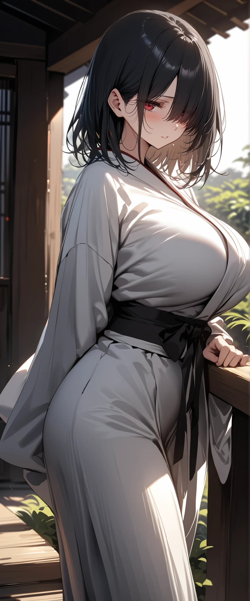 （（（完美figure，figure，solo， （（（White kimono,long sleeves, wide sleeves, ））），（（（purple hair, long hair, hair pulled back,parted lips,purple eyes, Single braid,））），((masterpiece)),high resolution, ((Best quality at best))，masterpiece，quality，Best quality，（（（ Exquisite facial features，Looking at the audience,There is light in the eyes，(（（lol，Happy，））），））），（（（Light and shadow，Huge breasts））），（（（Looking at the camera，White background，Sitting astride，Open your legs，Camera from bottom to top，，低头Looking at the camera)）））