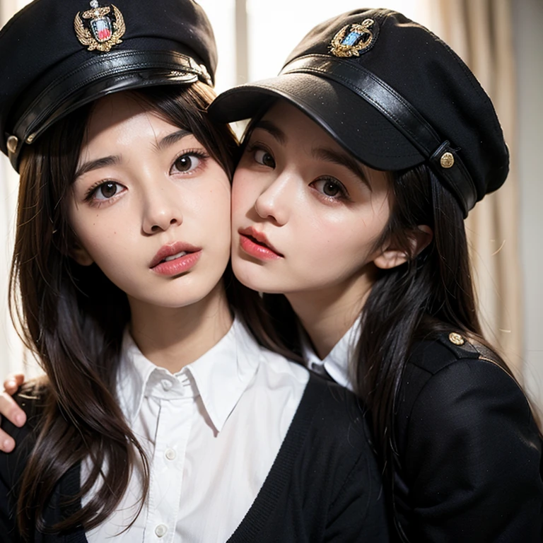 Straight view, mugshots ,soldier uniform, rifle gun, living doll face, naughty smile, angelic face, big striking blue eyes, pretty and cute 16 year old girl, pale white skin, rosy cheeks, long shiny black hair