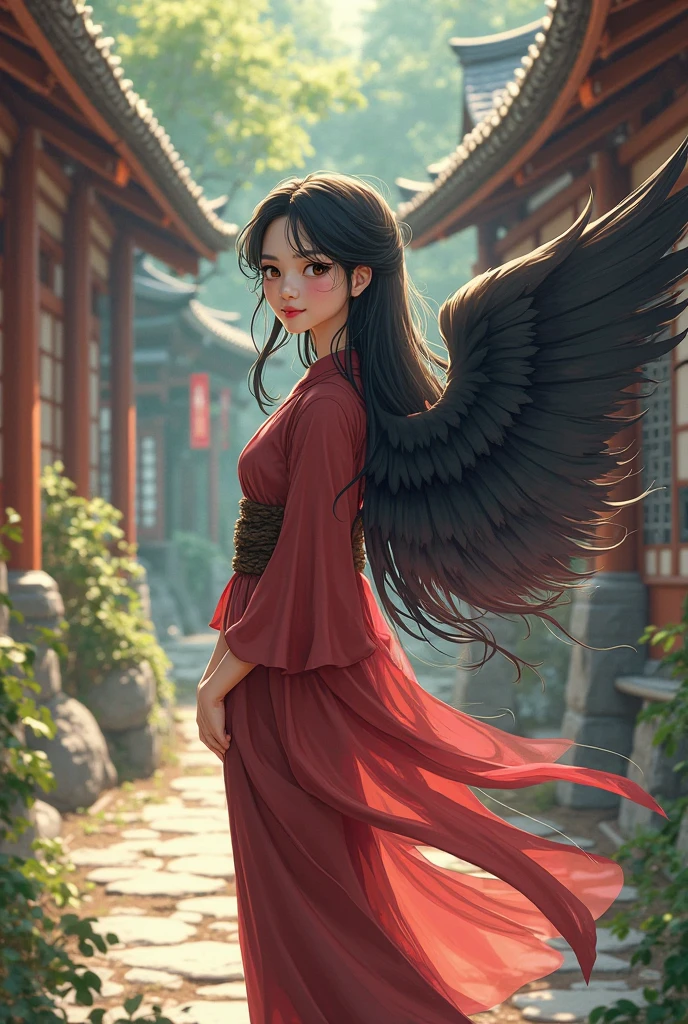 Anime Japanese woman in a kimono with yellow eyes, black hair, ivory wings that are translucent in the back, maroon clothing, olive green hakama, large breasts, long hair parted in the middle, smiling.