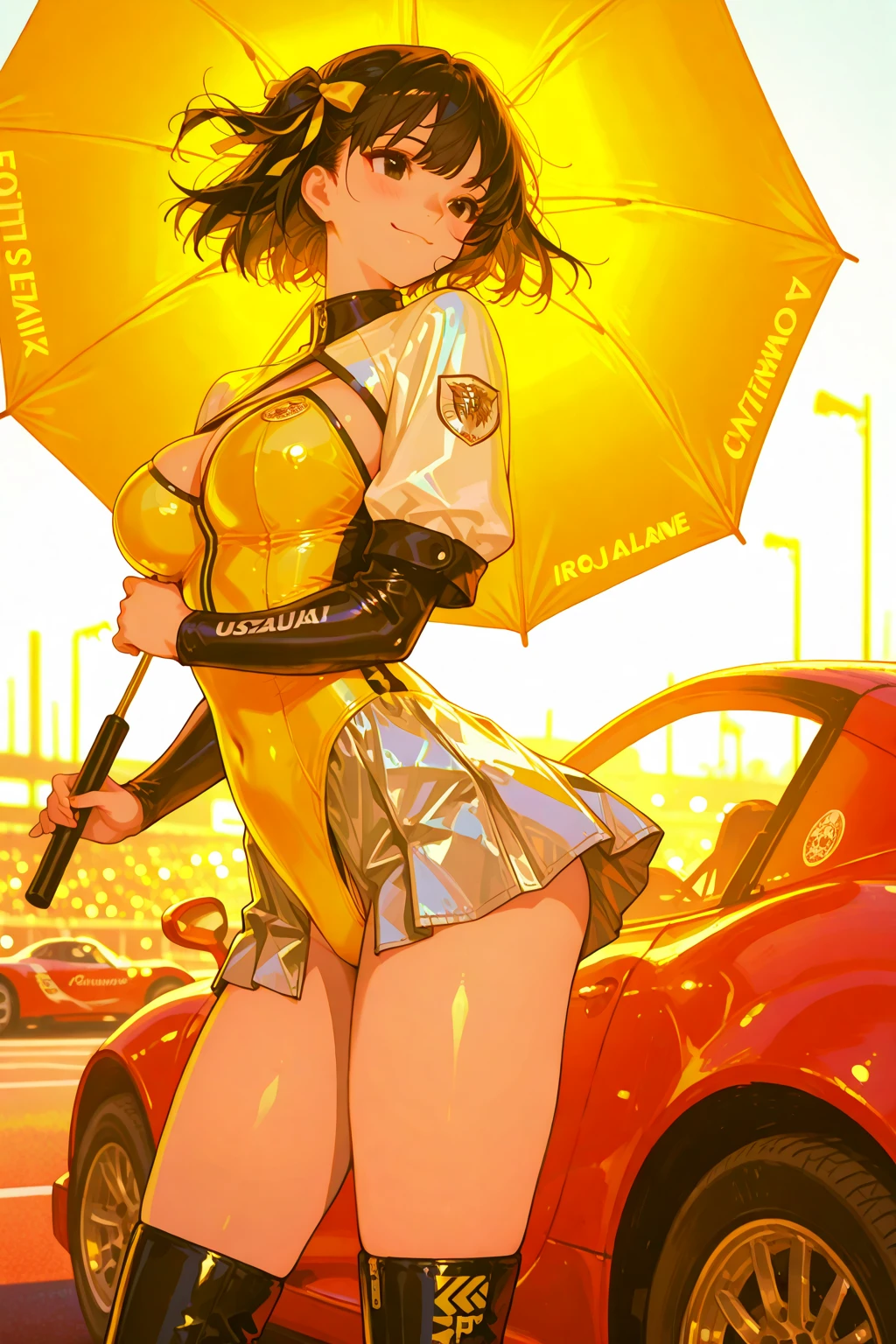 (extremely detailed fine touch:1.3), (hard light, light rays, dappled light, reflection, shadows, ray tracing:1.0), (2D:1.3), (kawaii girl: 1.3), (barcode tattoo: 1.3), super very black short hair,, highlight in eyes, smile, BREAK, (((yellow glasses:1.3))), underrim, (headphones:1.2), collar, skindentation, latex, zipper, jacket on shoulders, gloves, fingerless gloves, navel, open clothes, race queen, super car