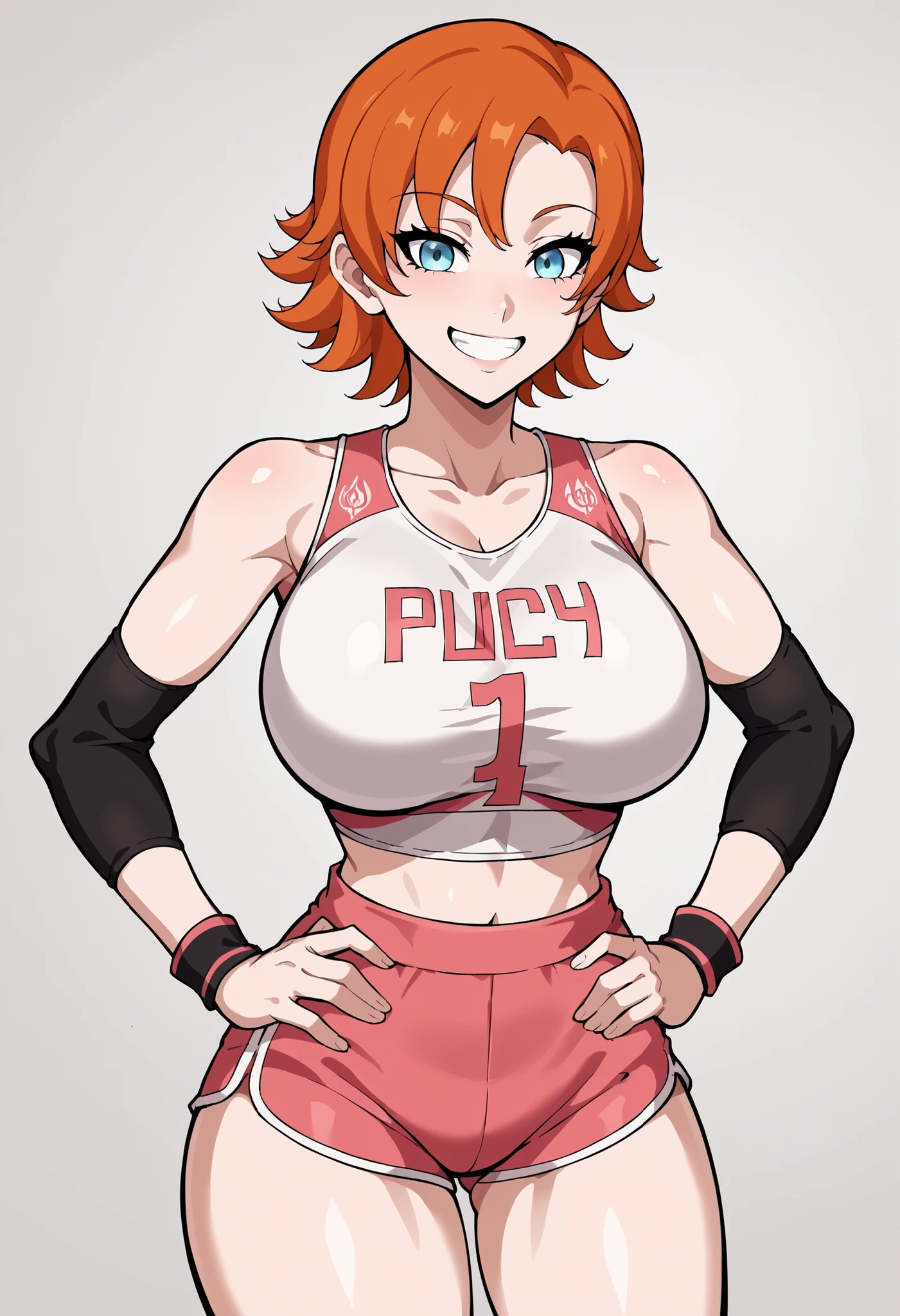 photorealistic, best quality, sharp focus, 8k, 4k, Masterpiece, Best Quality, realistic skin texture, extremely detailed, intricate, hyper detailed, illustration, soft lighting, high resolution, sharp detail, <lora:last v5:1> gym_test, 1girl, grey eyes, blush, shorts, red shorts, elbow pads, sportswear, <lora:ShadmanCleanFinalAttempt:.5> <lora:x512V9:1> pose, cuffs, front, stone, stocks