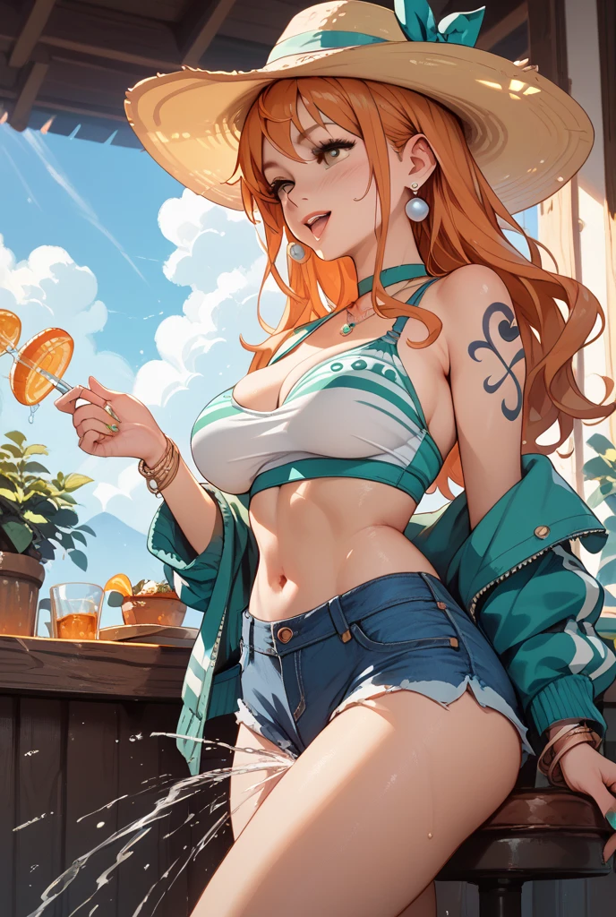 r18, an anime illustration a woman with red hair wearing hot pants in a bikini, 1girl, nami (one piece)  jewelry, solo, navel, long hair, bikini top only, shoulder tattoo, sunglasses on head, orange hair, looking at viewer, jeans, bracelet, earrings, belt, brown eyes, smile, denim, collarbone, green bikini, nami \(one piece\), Orange hair, earrings, long hair, laughing while enjoying beer drinks with glass bottles in a restaurant. smiling young and smiling.