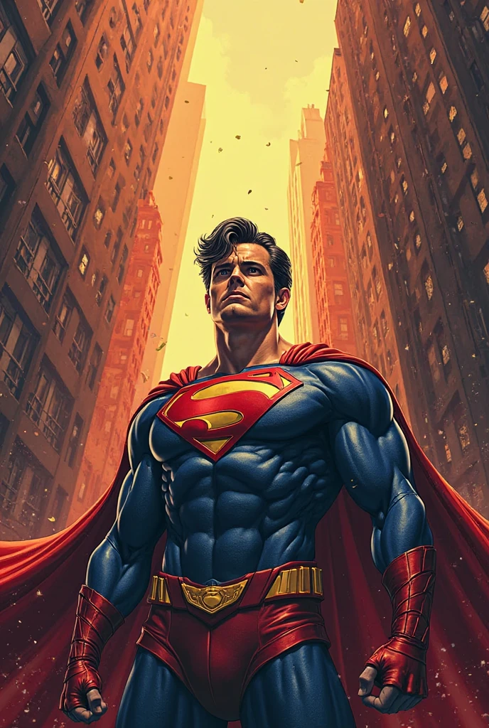 Henry cavill is superman , superhero, upper body, illustrator by Jorge Jimnez , colours, draw comic, 1boy, building destroyed