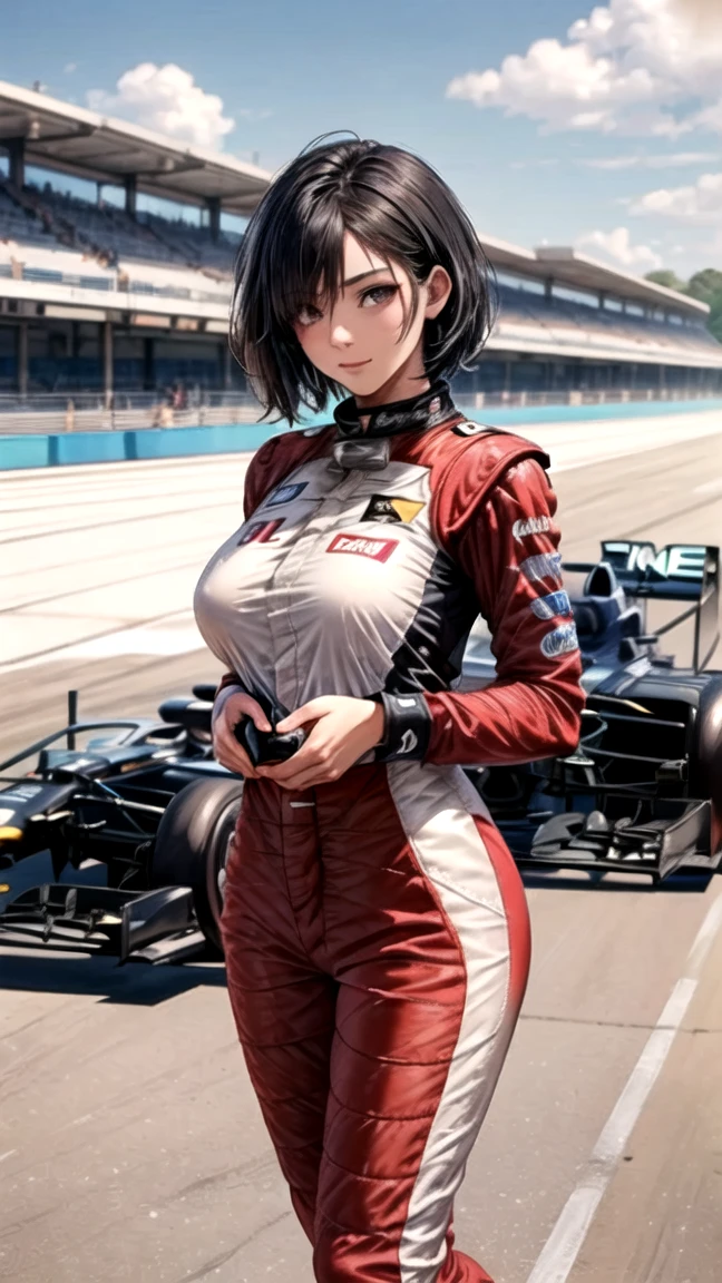 (​masterpiece), (top-quality), sunset, natural lights, ,(realistic:1.5), Madison Beer as a Stunningly beautiful race queen, latex, curvaceous, short_skirt, long_dark hair, tanned, wearing a skintight top, cleavage, sexy, sensual, hazel eyes, smiling, sexy pose, athletic, looking at viewer, eye contact, stunningly beautiful 20 years old race queen, sunset, detailed pitlane in background, sportcars in background, detailed formula 1 paddock in background, dynamic pose, action pose,alluring, seductive_pose, natural lights, cleavage, athletic body, medium breasts, upper body, mid shot, masterpiece, detailed, mature, bright colors, high saturation, stunningly beautiful girl, precise hands, determined expression, serious, courageous, brave, Clear eyes, Shining eyes,, ultra-definition, Top resolution, soft lightning