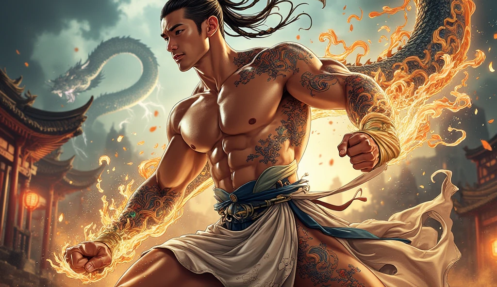 <lora:ChocolateWetStyle:0.5>ChocolateWetStyle:0.5, solo, masterpiece, best quality, perfect face, medium shot of a Tattooed man with a magical body. As a Savage fighter with stacked bob:0.75 Olive hair with Gray streaks, (surrounded by intense swirling magical energy:1.2), dominant and intimidating, Olive brown colored clothes, intricate and elegant, colorful, vivid, fighting stance