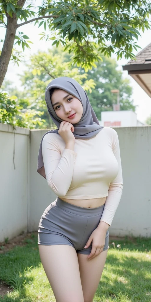 (4k, highres, masterpiece:1.2), ultra-detailed, (realistic:1.37), professional, portrait, Arabian, model, hijab, photo studio, romantic background, beauty, large breast, body, sexy, dress, uniform, cosplay, student, plaid mini skirt, white panties, sensual pose, open legs, smile, vivid colors, Bokeh, soft lighting