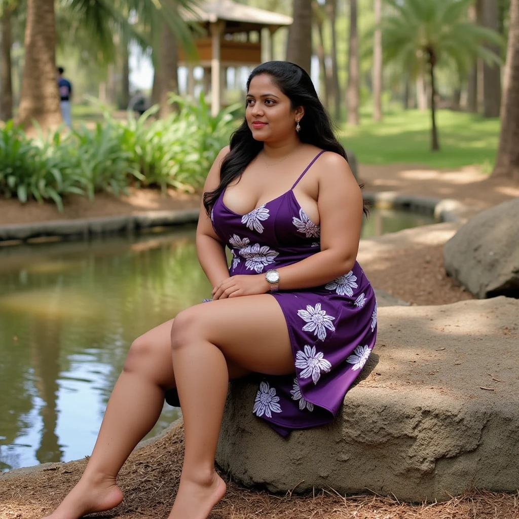 Beautiful fat girl asia, (big tit), (log hair, black), (show her vagina), (sit on side of river, mountain)