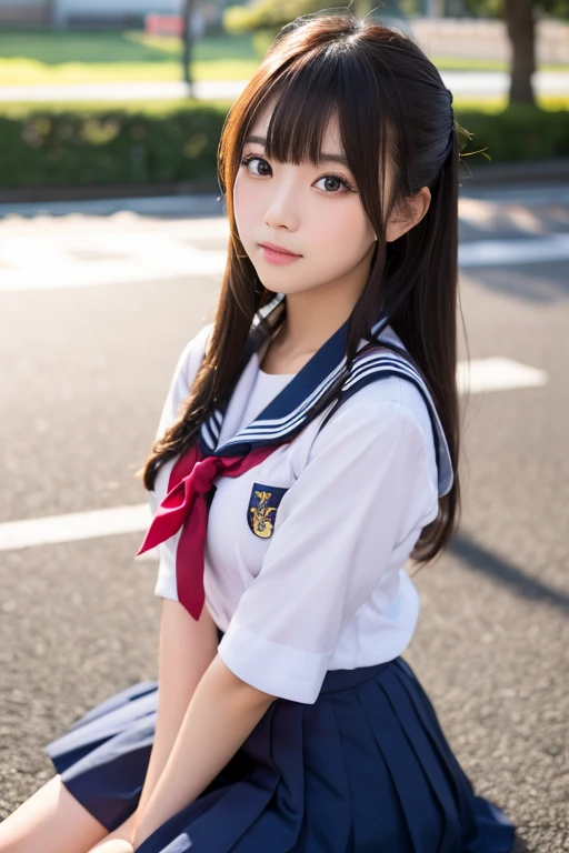 (masterpiece, highest quality:1.2), 8k, official art, RAW photo, incredibly absurd, ( sailor suit, serafuku:1.4), amazing beautiful girl, amazingly cute face, (navy pleated skirt:1.1), close, school uniform, short sleeve, gardenia, violaces, teen, street, looking at the viewer with a smile, no makeup, film grain, chromatic aberration, sharp focus, face light, dynamic lighting, cinematic lighting, detailed eyes and face,short hair、(((white skin without moles)))、 background bokeh、super slim thighs、((Erotic Panties are showing through、beautiful pussy line:1.1))、(High twin tails with ribbons:1.4),,(((A child with an extremely cute young face:1.35))), 、(very young  with big breasts:1.2)