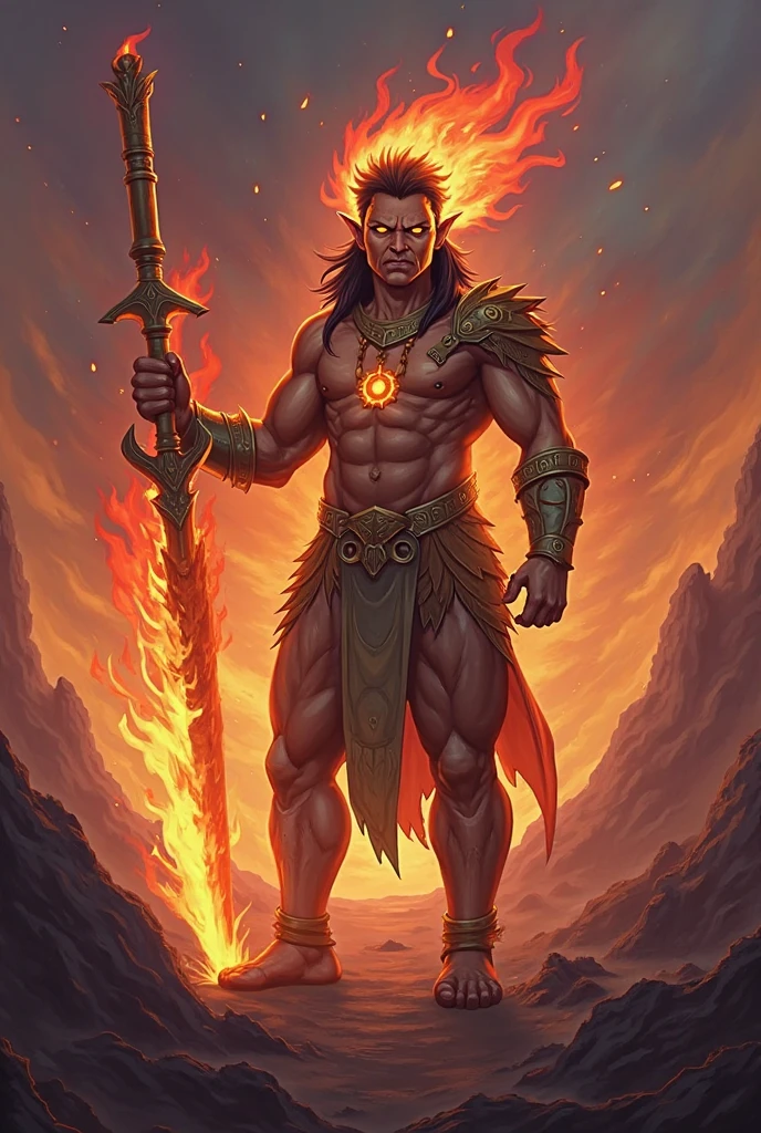 Strong, toned male, feminine face, elegant soft features, fire demon, dark skin, dusty brown skin, digitigrade feet, barefoot, glowing amber eyes, glowing tattoos, topless, red loinlocth, messy long hair, covered in lava, quad horns