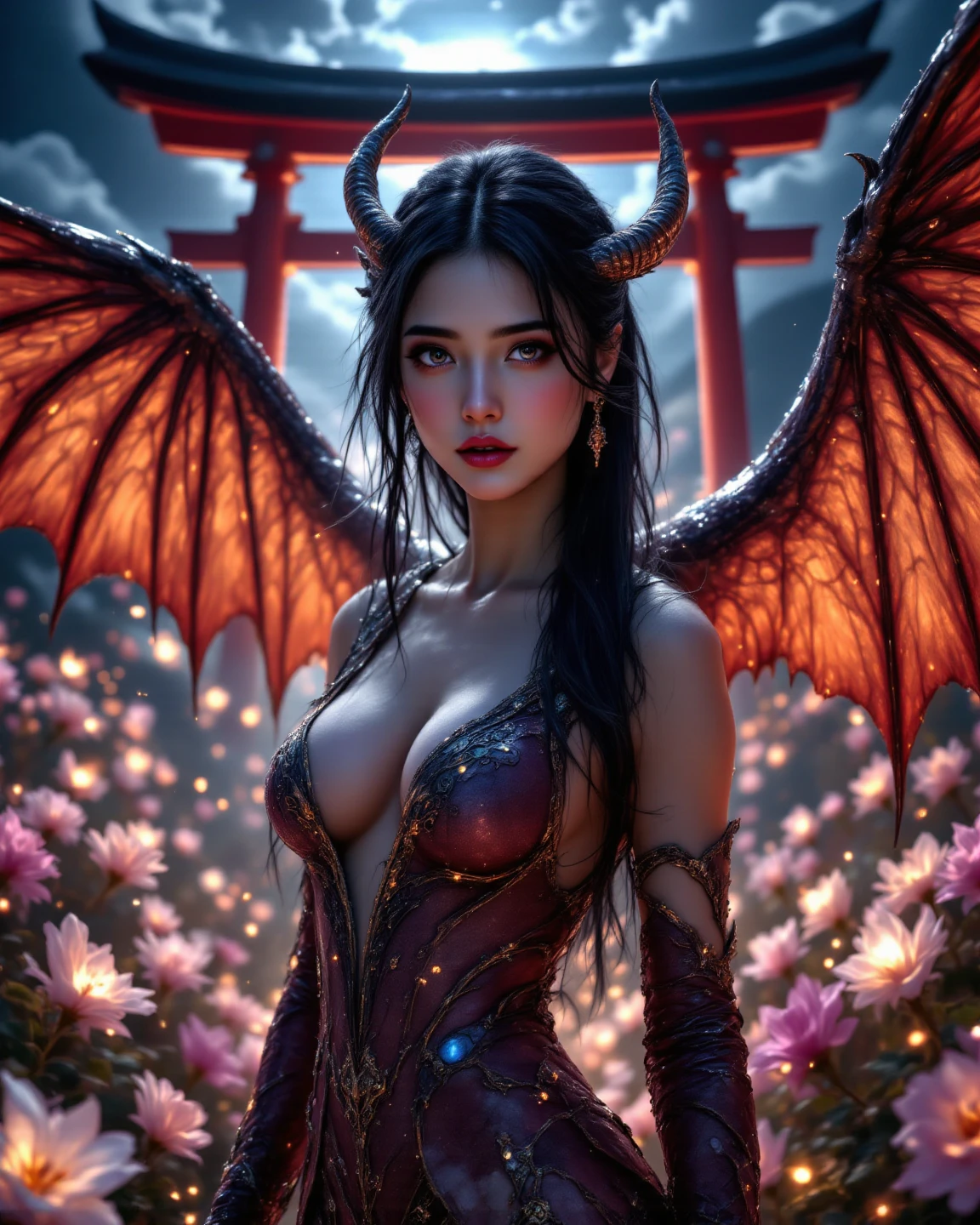 (Realistic picture, highest resolution, 16k), (A demon god with wide wings and enormous power on his shoulders.., Twelve wings on the shoulders.:1.4, Bat Wings:1.3 angel wings:1.5), (Beautiful girl with two meter long hair, shiny black hair, Smooth white skin, Lips are very red.), ((stand, toe)), (Huge breasts, big tits), (gigantic breast, small waist, hips raised, small thighs, Long legs), (dynamic poses), (Porn, no clothes, Look at that pussy.., see nipples, naked, undressed, nakedโดยสิ้นเชิง, Can see pussy, The chest is visible.), Separate theme, (Angel wings and devil wings), floating in the air above the ground, background darkness, Embraced with twelve wings,