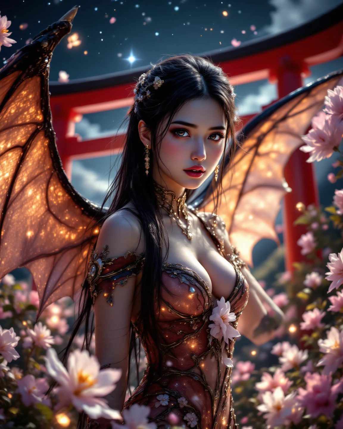 In a magic fantasy forest, beautiful voluptuous magical women Mary R., curvy body shape, wearing a metallic red fantasy outfit, transparent wings, flower in hair, {pigtails, long hair}, hugging each other, depth of field, bokeh, Volumetric lighting, fantasy, shot from ground level,