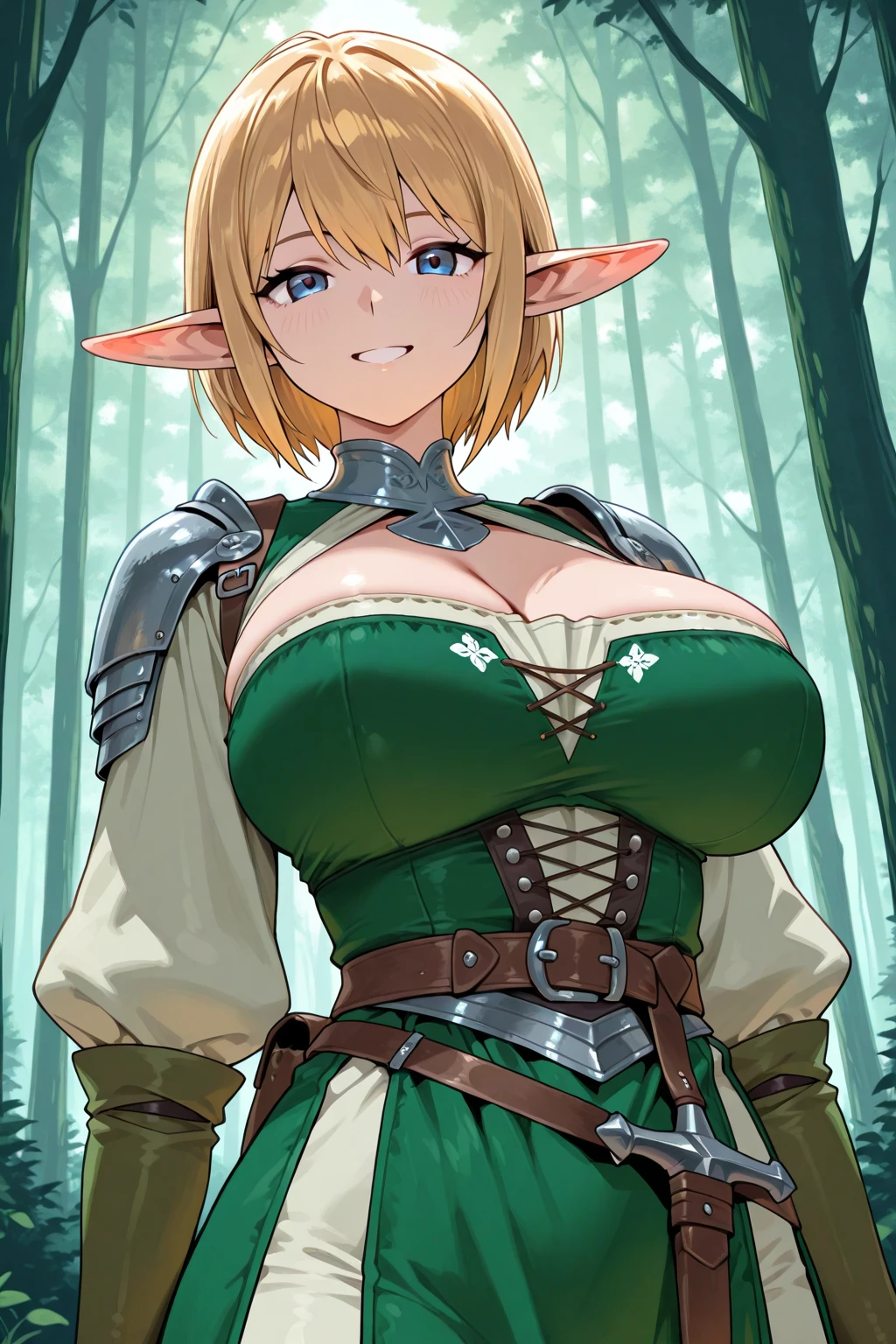 Solo, female, 1girl, (((elf, elf ears))), green skin, hazel eyes, (((curly hair, short hair, short girl, shortstack))), big breasts, open mouth, lipstick, wide eyes, (((surprised expression))), fantasy village, brown cloak