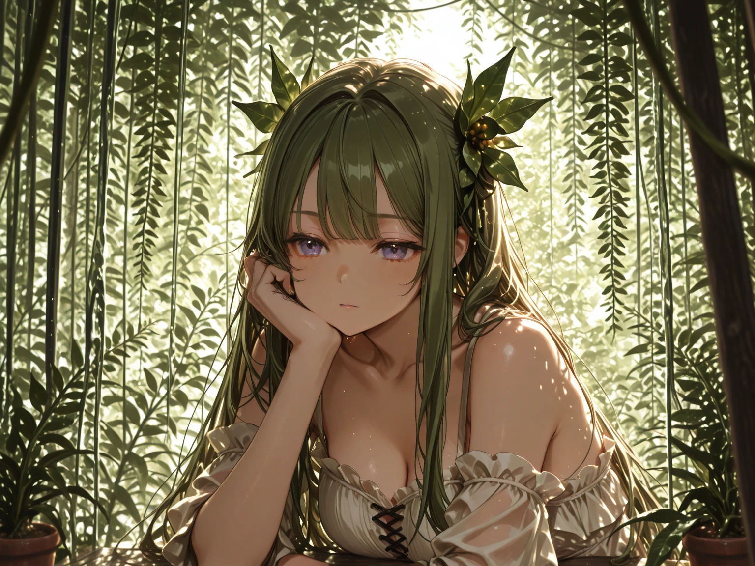 Highest quality, masterpiece, Ultra-high resolution, female、Big Breasts、Tree Spirit、Weakened、The tree in which the soul resides has withered、Brownish green hair、Withered ivy costume、Place々Body discolored pure white、Cracked skin、Hands starting to crumble