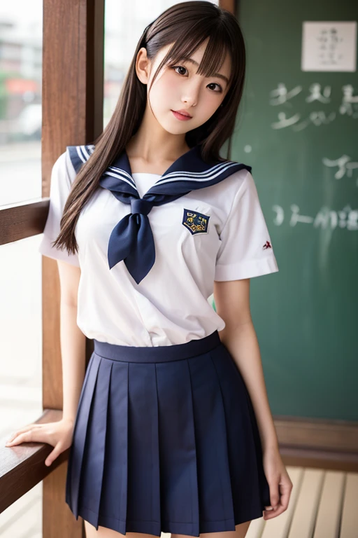 ((Breast enlargement)), (masterpiece, Highest quality:1.2), 8K, Young and beautiful girl, 85mm,Official AR RAW Photos, (Baby Face), ((Small face)), (((Super big breasts))),  Detailed nipples, Show me your ears、photo shoot, Cute face, Thighs, Classroom after school, Looking at the audience, Embarrassing、smile、 makeup, Film Grain, chromatic aberration, Sharp focus, Face Light, Bright lighting, 10 generations, Detailed face, Background blur、((((((14 year old high school girl))))))、Narrow waist, ((Sailor suit, Navy Pleated Skirt)), (White tiny panties), Sit with your hands on your knees, Spread your legs
