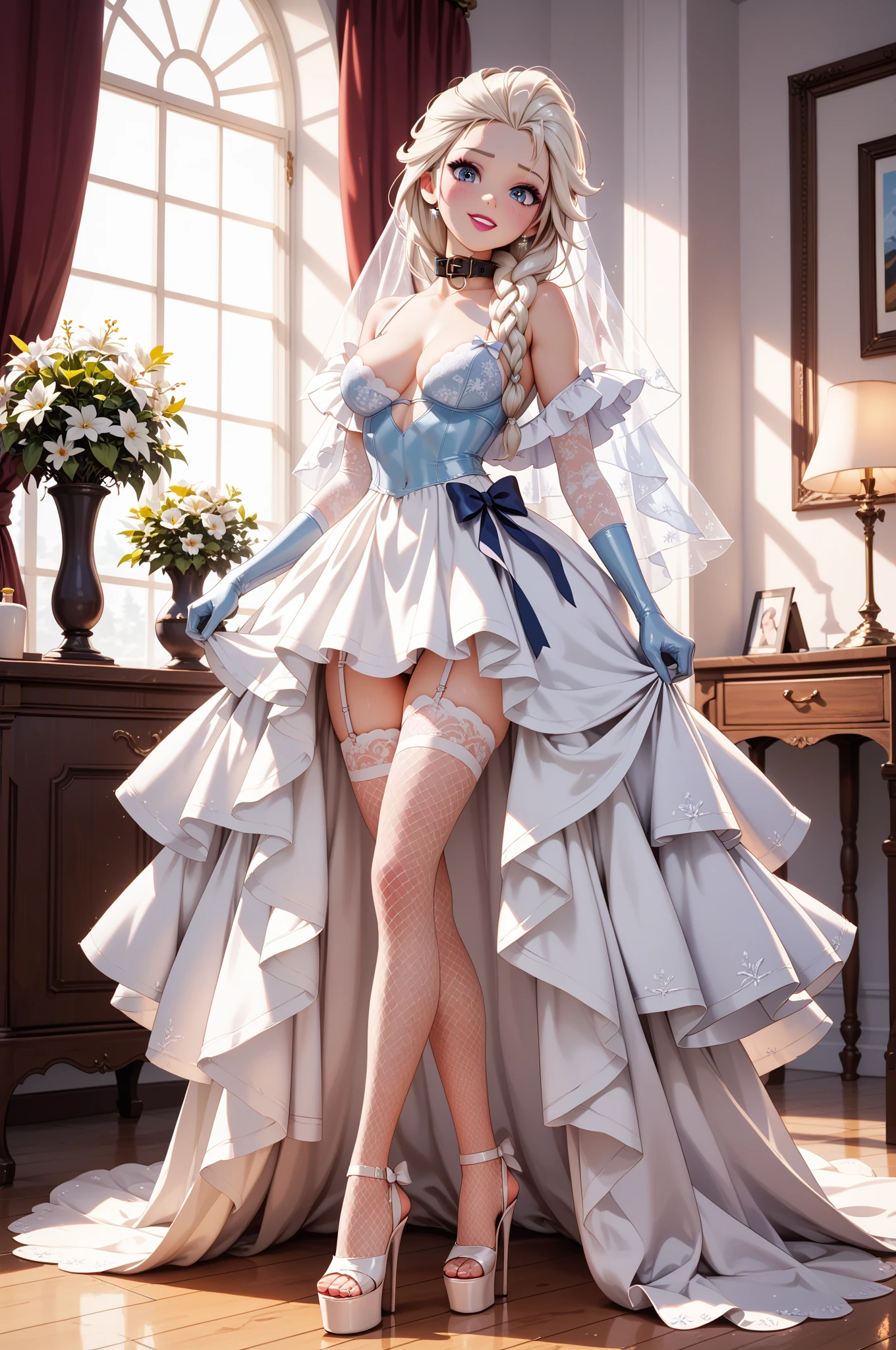 Ultra-realistic 8k CG, beautiful girl with white hair, blue eyes, open mouth, puffy, plump body, corset breast, fleshy thighs, white floral pattern stockings, high heels, full body, looking at the audience, symmetry, add_detail:1.5