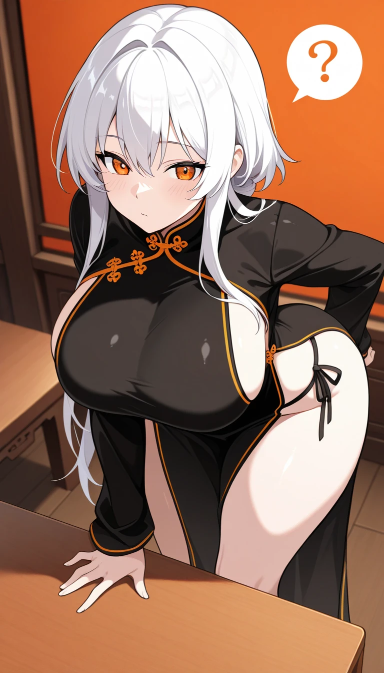 ((woman with long gray hair with ponytail, red eyes)),((dark skin)),((muscle)),((folded arms)),((facing the spectator)),(( giant breasts, bare breasts, completely naked, with a belt covering her pussy)),((grabbing breasts, sullen face)),((in a bad haunted castle, at night)),