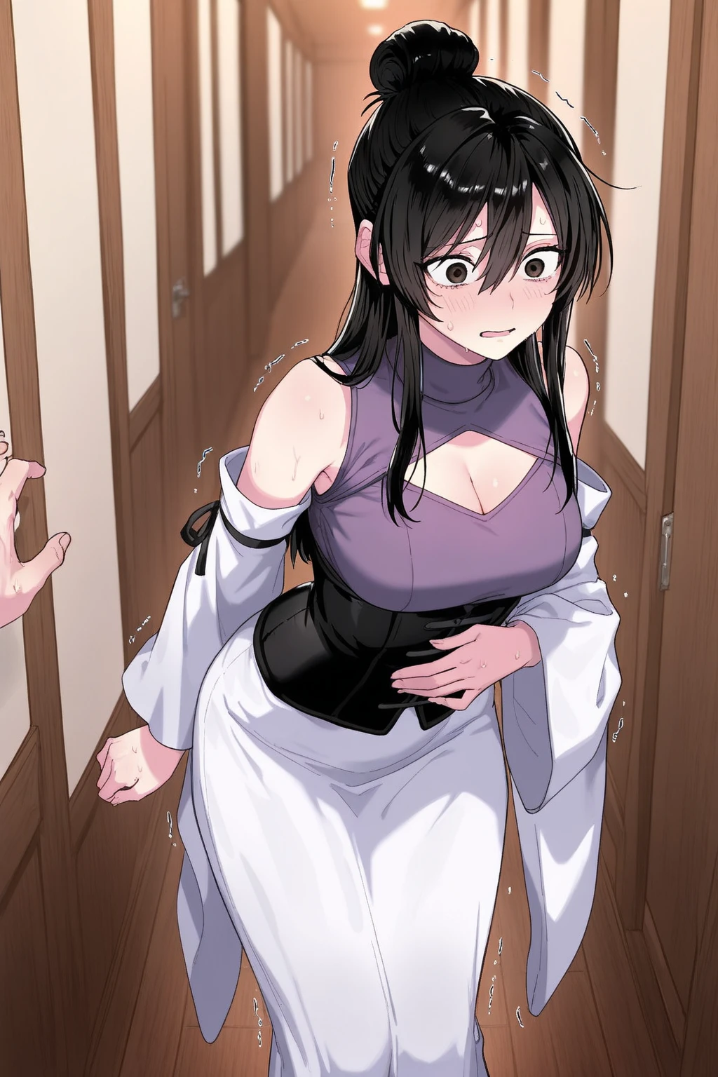 masterpiece, absurdres, 1girl, hinata\(shippuden\), solo,hooded jacket, fishnets, looking at viewer, floating hair, wind, blue pants, (Best Quality), length hair, large breasts, breasts out,Bound, Bondage, (arms behind back:1.4), BDSM, tape, TAPE BONDAGE, close-up, srestrained, best anatomy, Curled up, embarrassed face, Upper body, blushing face, humiliation, desperate, (front), (men touching her ), touching breasts, pov hand squeezed breasts